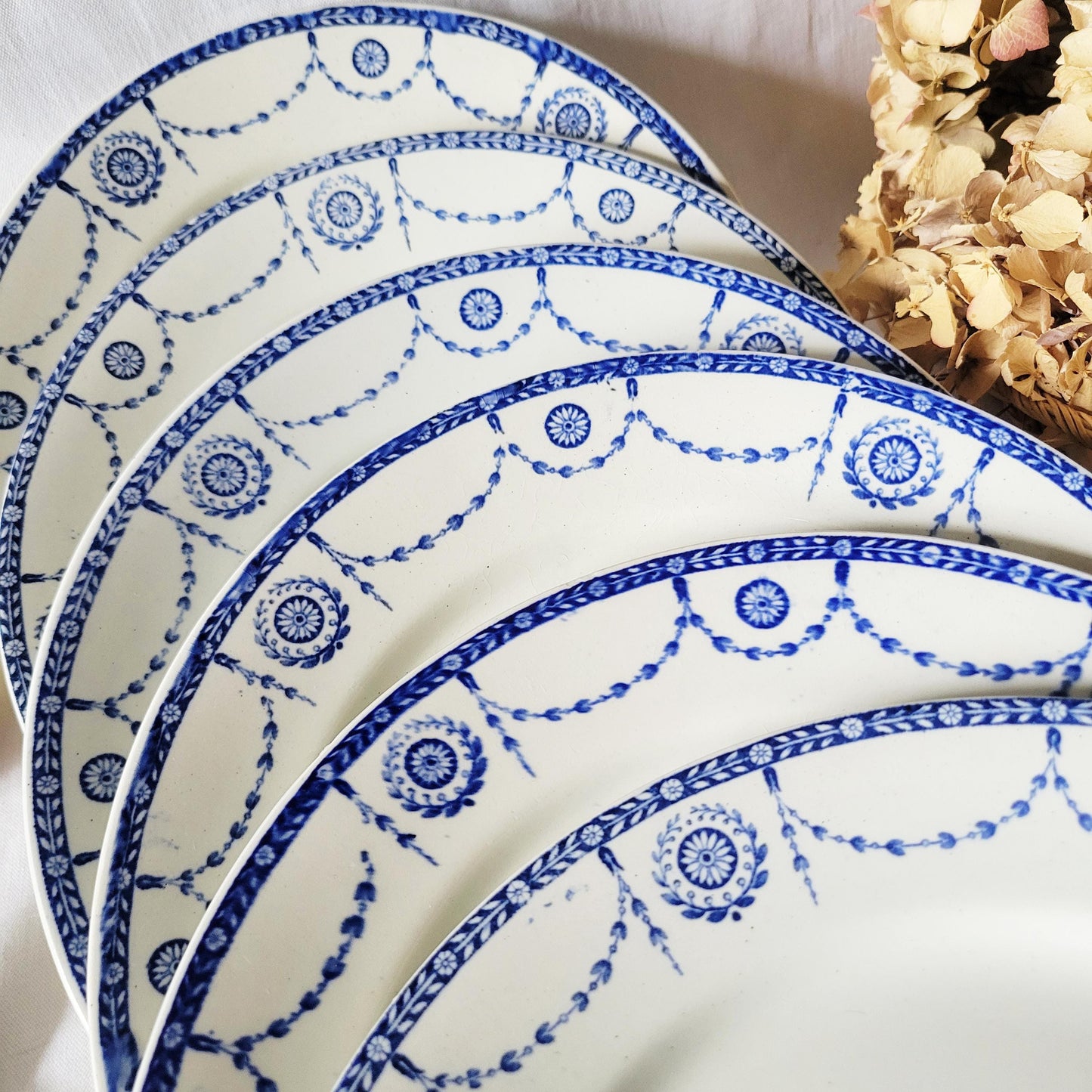 Antique French Dinner Plates Set: Blue Transferware Neoclassical 'Bonaparte' Design