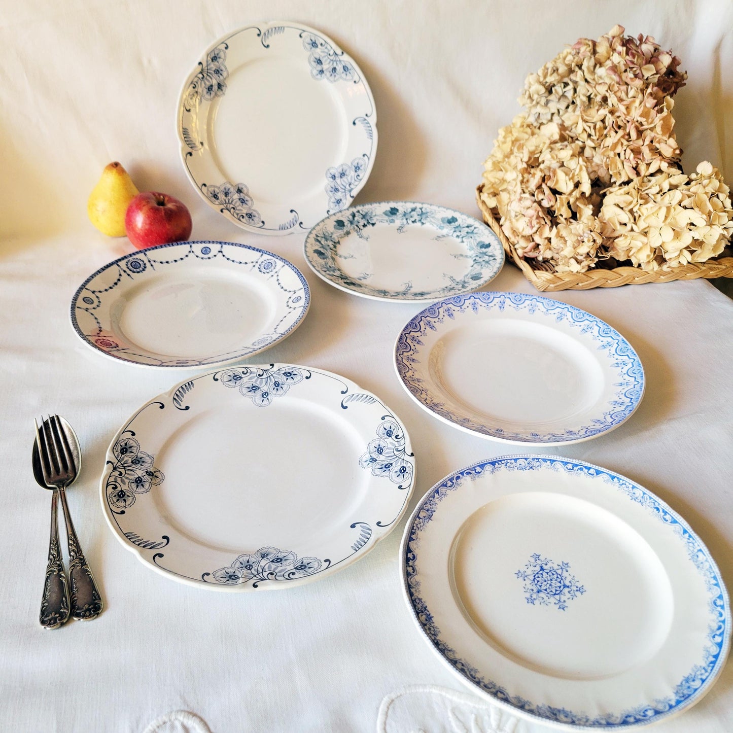 Antique French Ironstone Mismatched Dinner Plates - Blue & White Transferware Cottage Style, Set of 6
