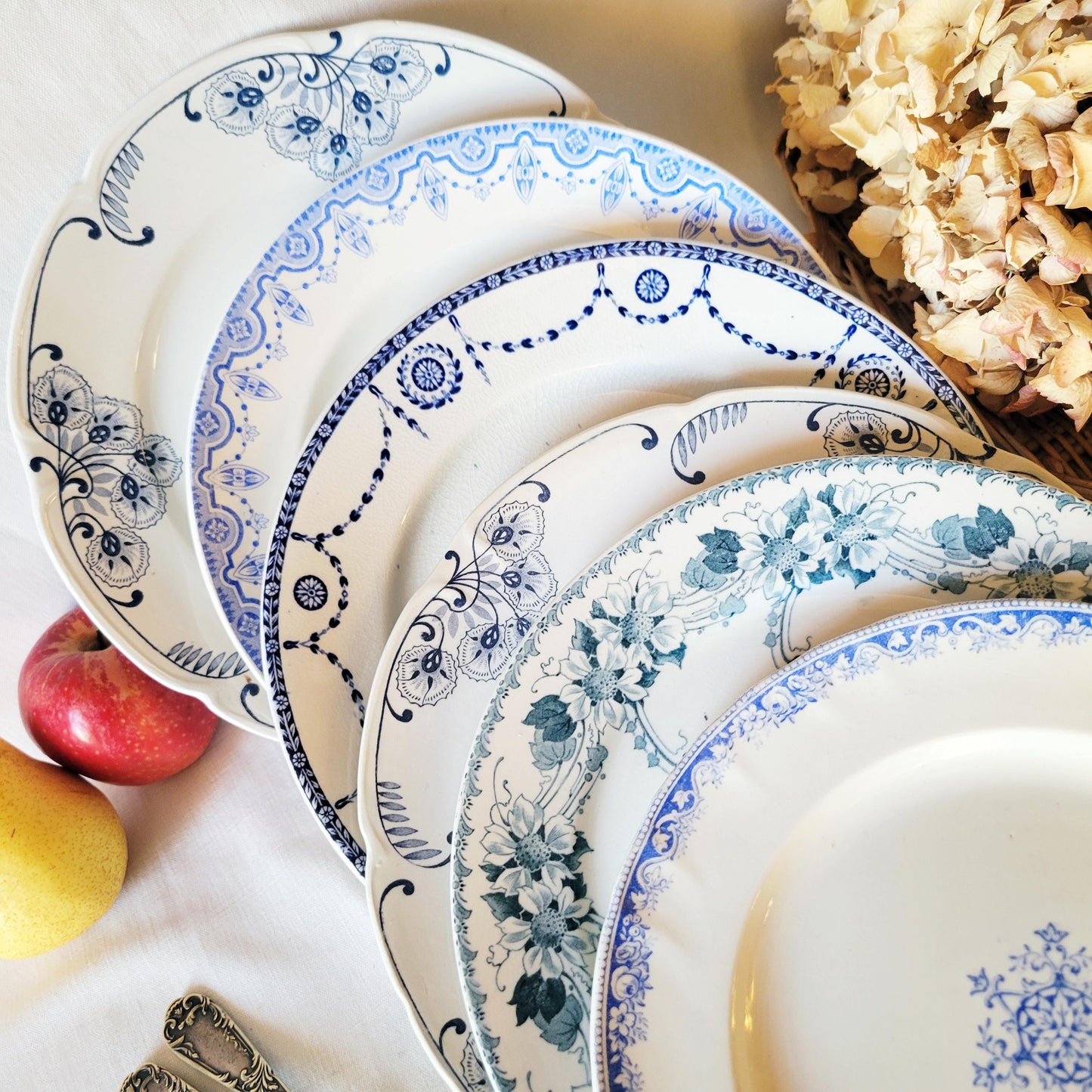 Antique French Ironstone Mismatched Dinner Plates - Blue & White Transferware Cottage Style, Set of 6