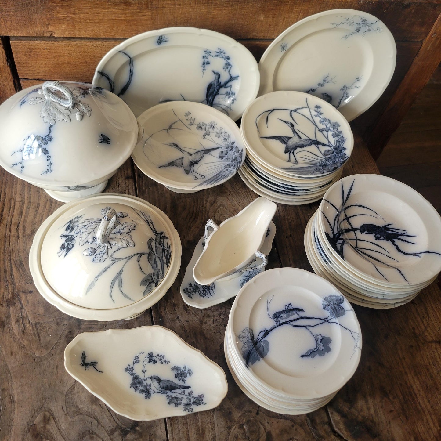 French antique 10 place ironstone dinner service, bird & floral transferware 'Japonais' c1880 Longwy, France