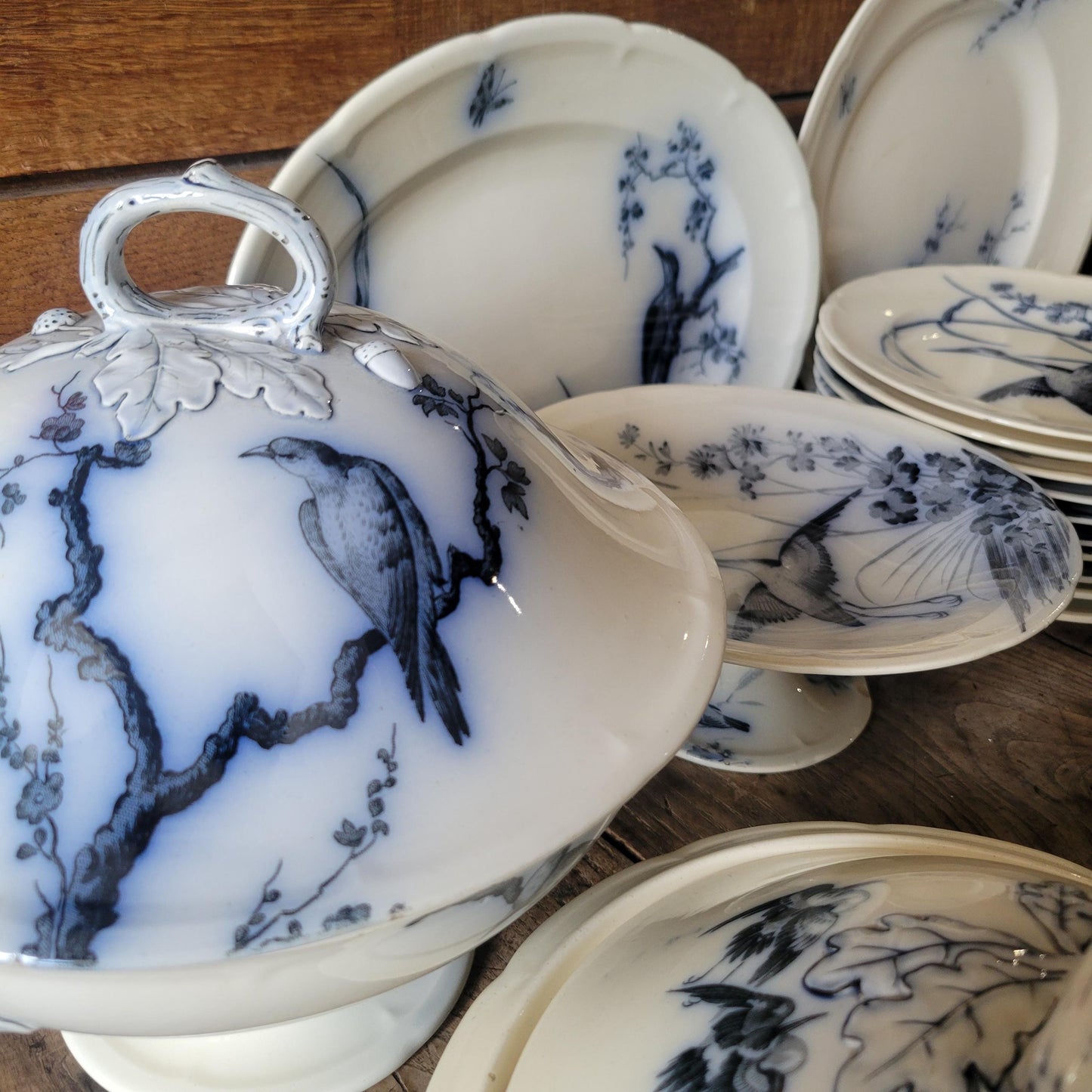 French antique 10 place ironstone dinner service, bird & floral transferware 'Japonais' c1880 Longwy, France