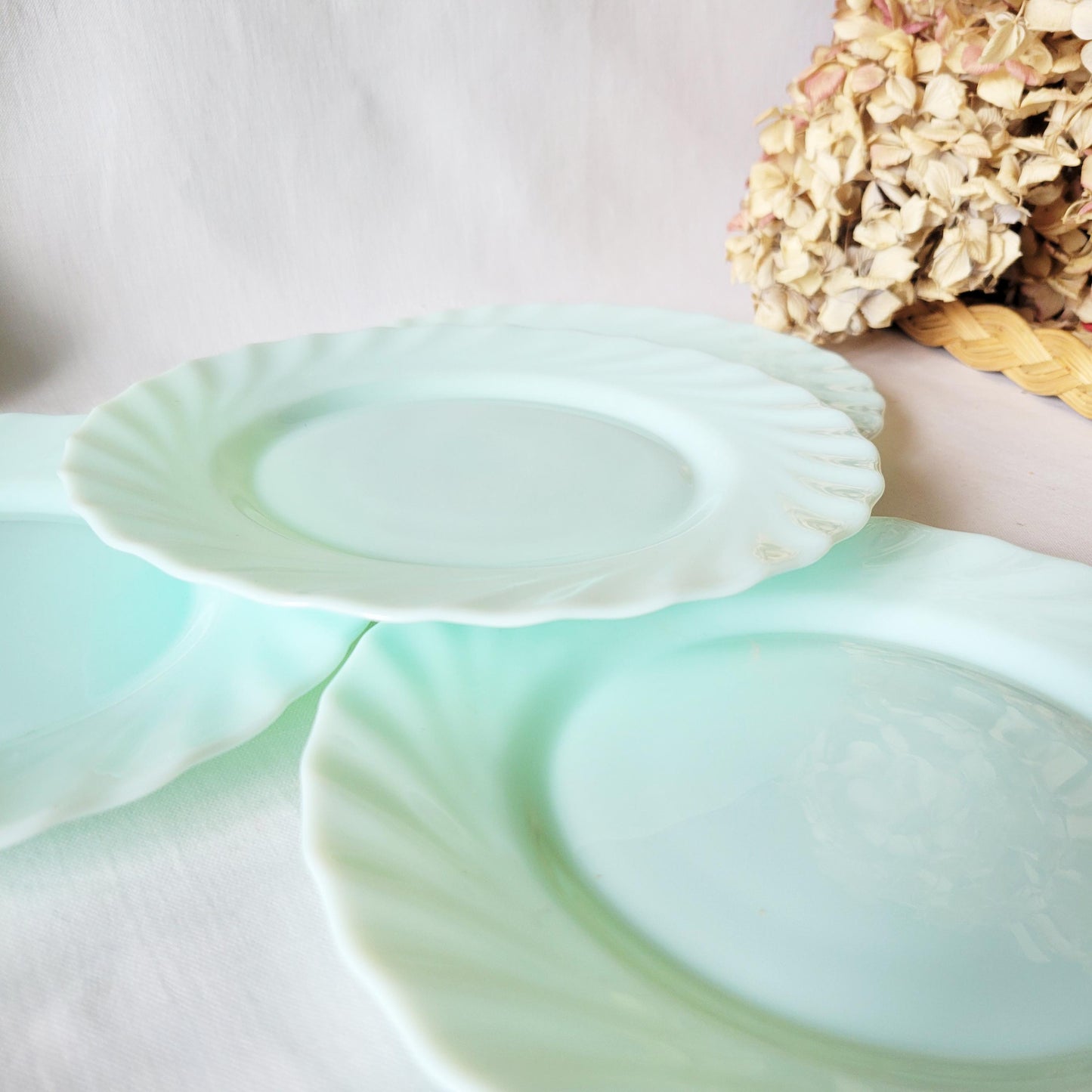 Set of 4 French Vintage Jadeite Side Plates: Mint Green Twisted Milk Glass Arcopal