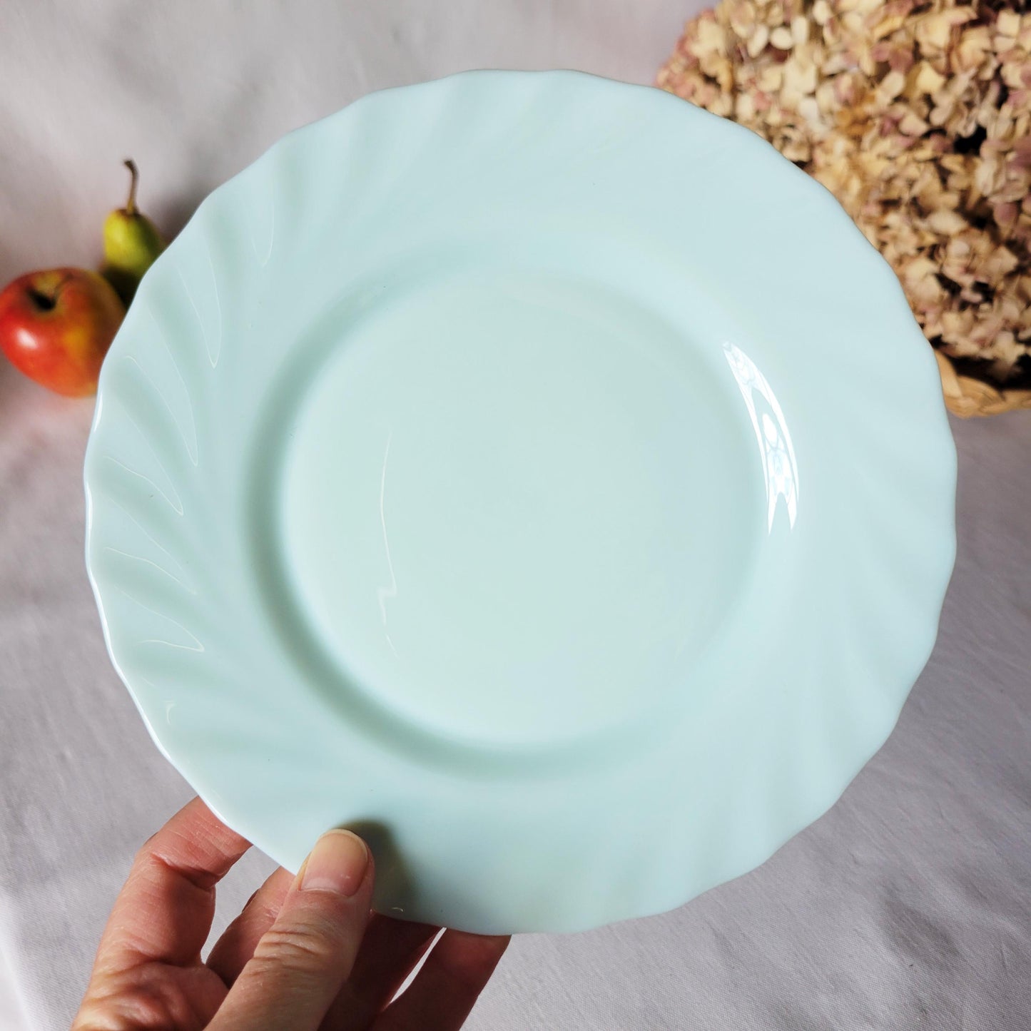 Set of 4 French Vintage Jadeite Side Plates: Mint Green Twisted Milk Glass Arcopal