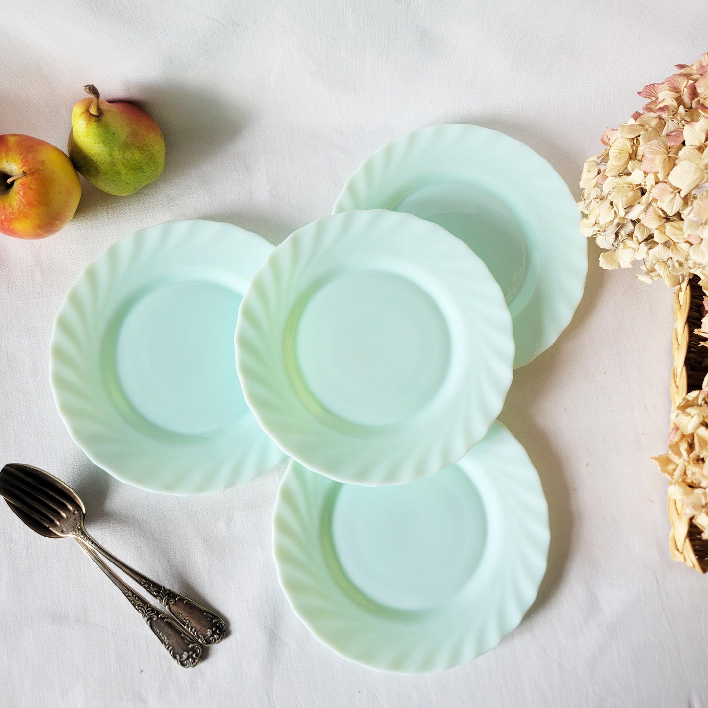 Set of 4 French Vintage Jadeite Side Plates: Mint Green Twisted Milk Glass Arcopal