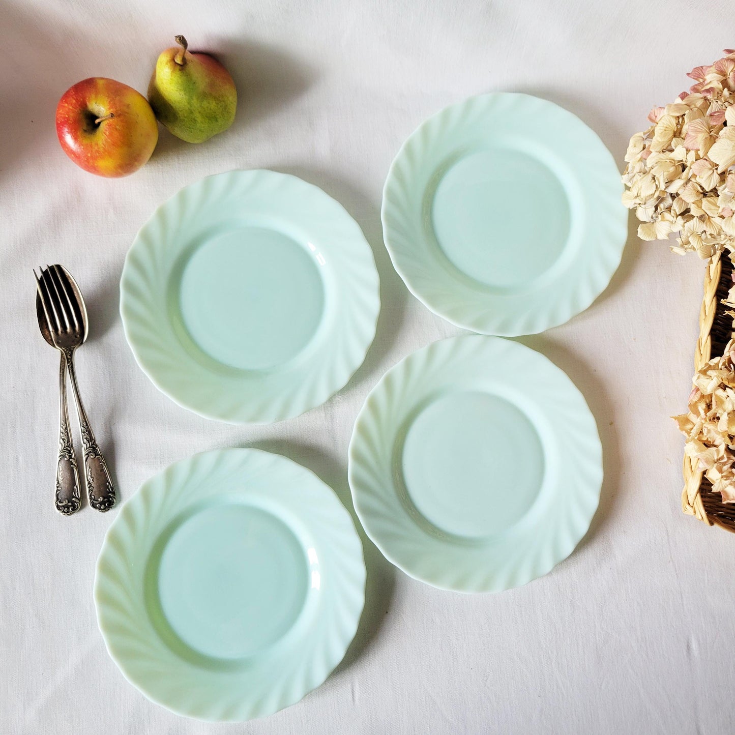 Set of 4 French Vintage Jadeite Side Plates: Mint Green Twisted Milk Glass Arcopal