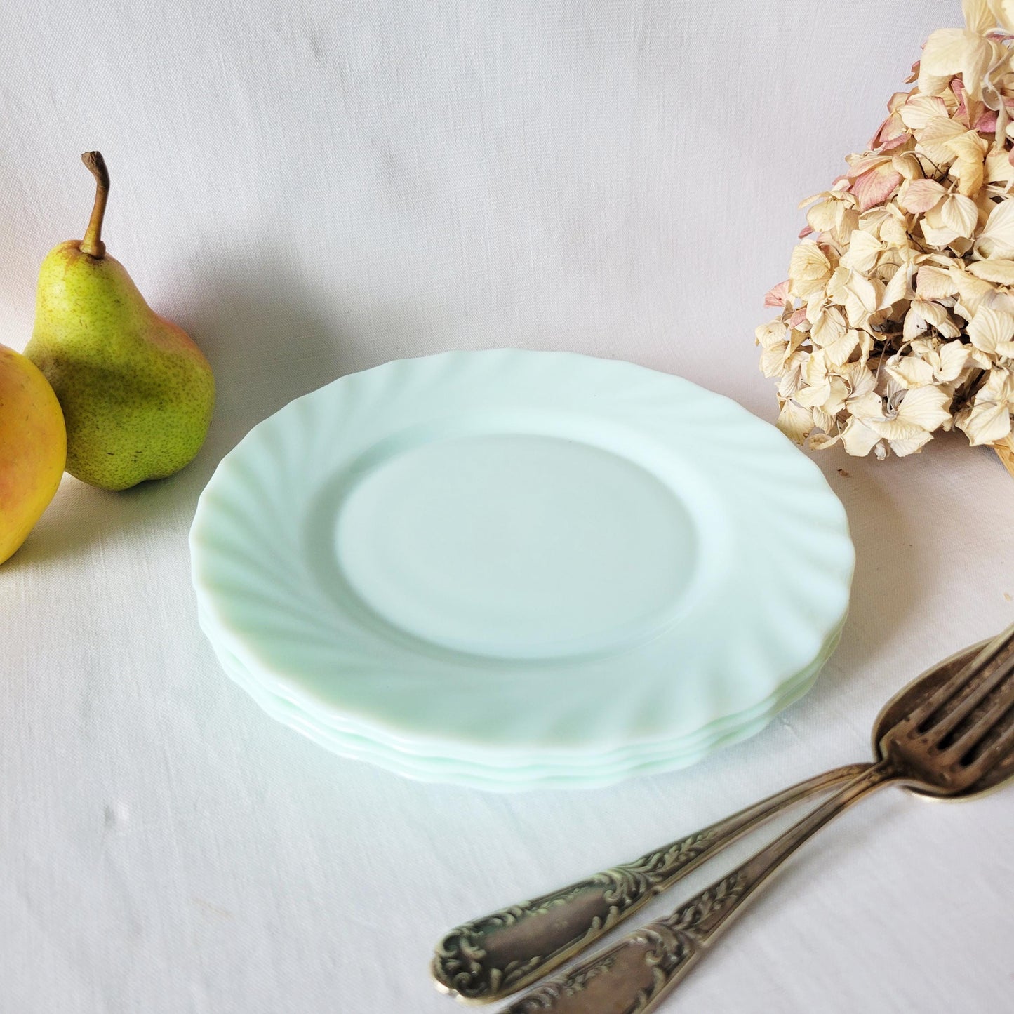 Set of 4 French Vintage Jadeite Side Plates: Mint Green Twisted Milk Glass Arcopal