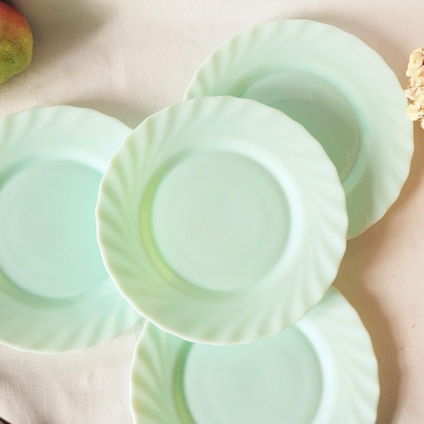 Set of 4 French Vintage Jadeite Side Plates: Mint Green Twisted Milk Glass Arcopal