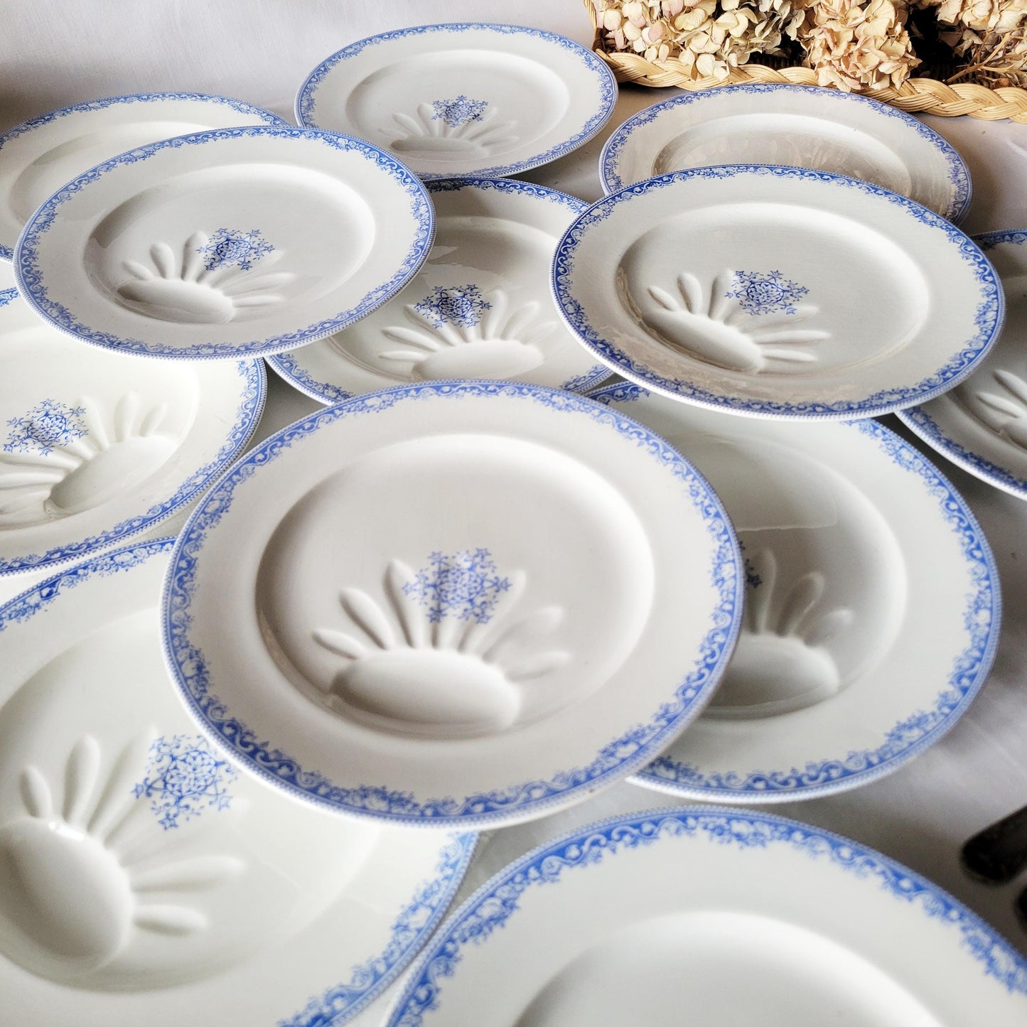 Antique French Ironstone Asparagus Plates: Jules Veillard Blue Transferware, Set of 12