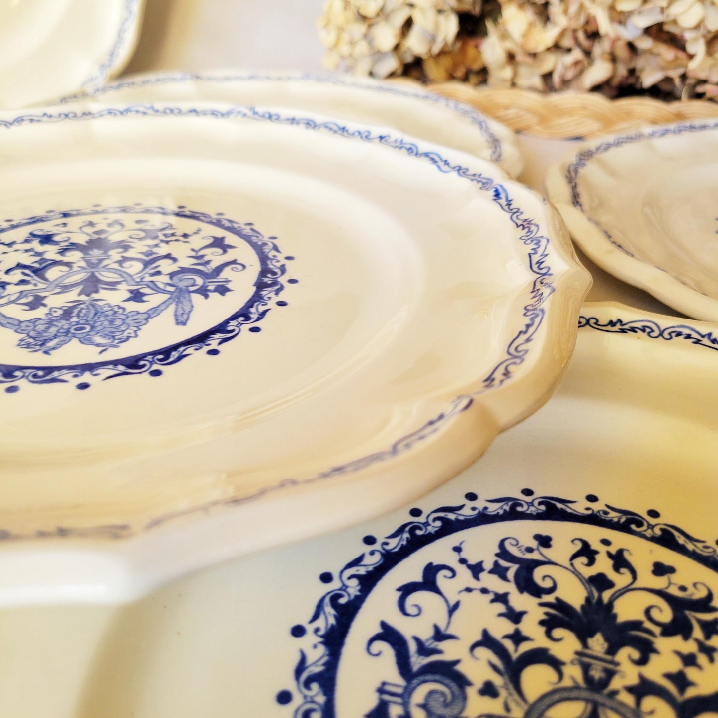 Vintage Gien France Dinner Plates: Set of 6 Blue Floral Transferware