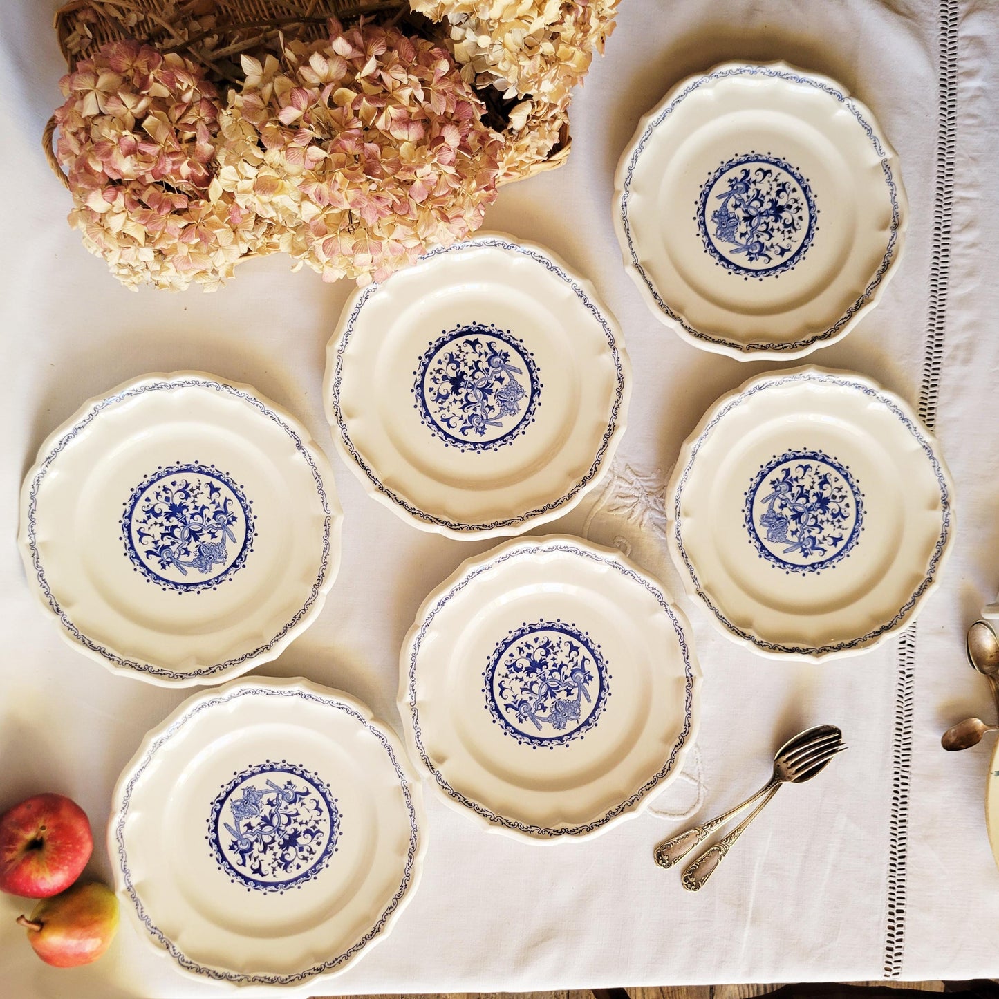 Vintage Gien France Dinner Plates: Set of 6 Blue Floral Transferware