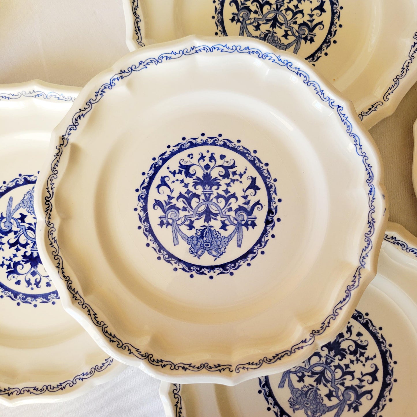 Vintage Gien France Dinner Plates: Set of 6 Blue Floral Transferware