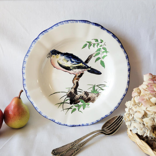 French Vintage Gien Plate: Hand-Painted Bird Decor, Scalloped Dish