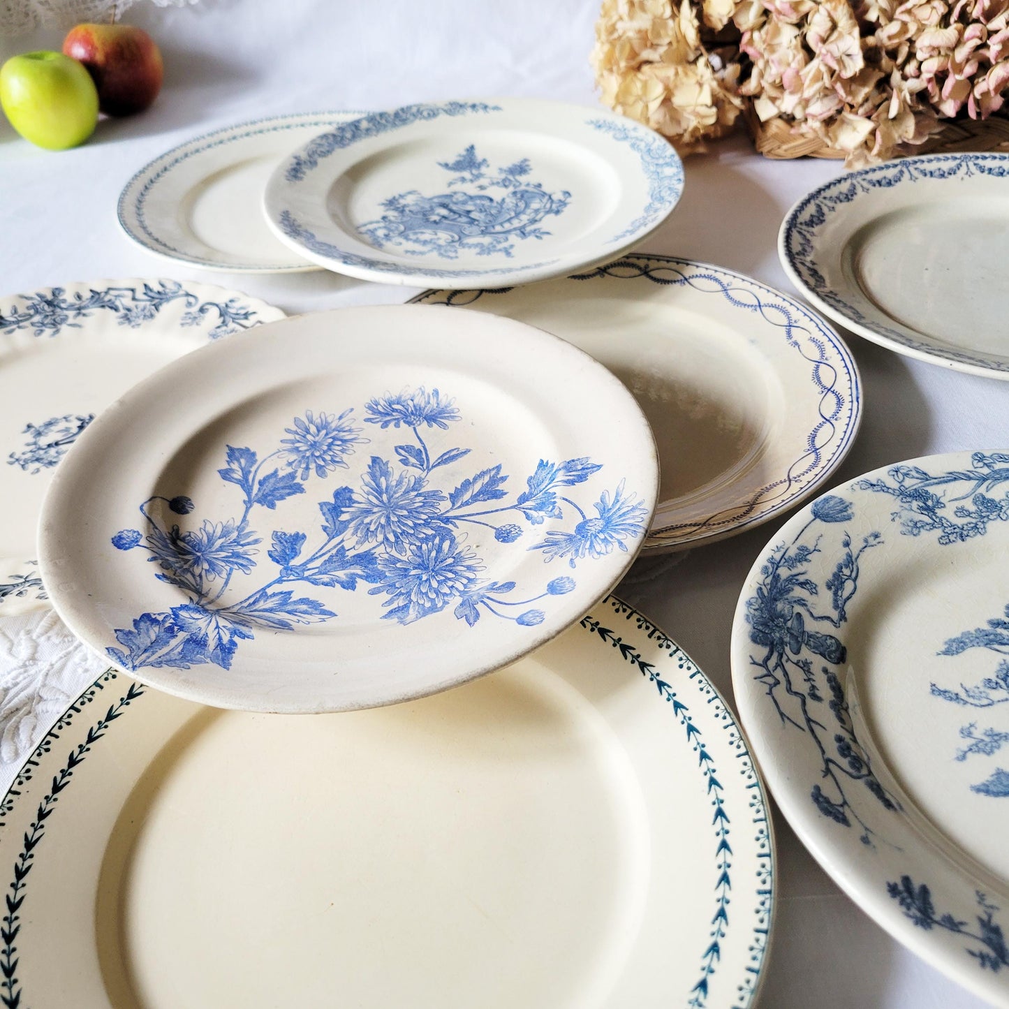 Antique French Ironstone Dinner Plates: Blue Transferware, Mismatched Set of 8
