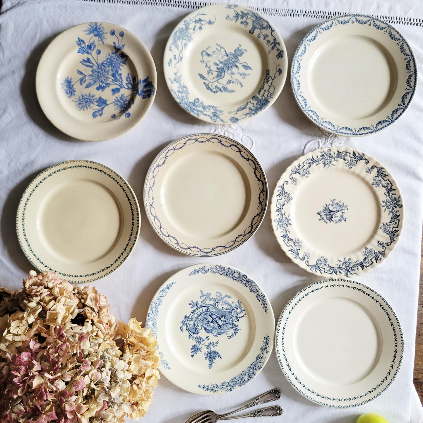 Antique French Ironstone Dinner Plates: Blue Transferware, Mismatched Set of 8