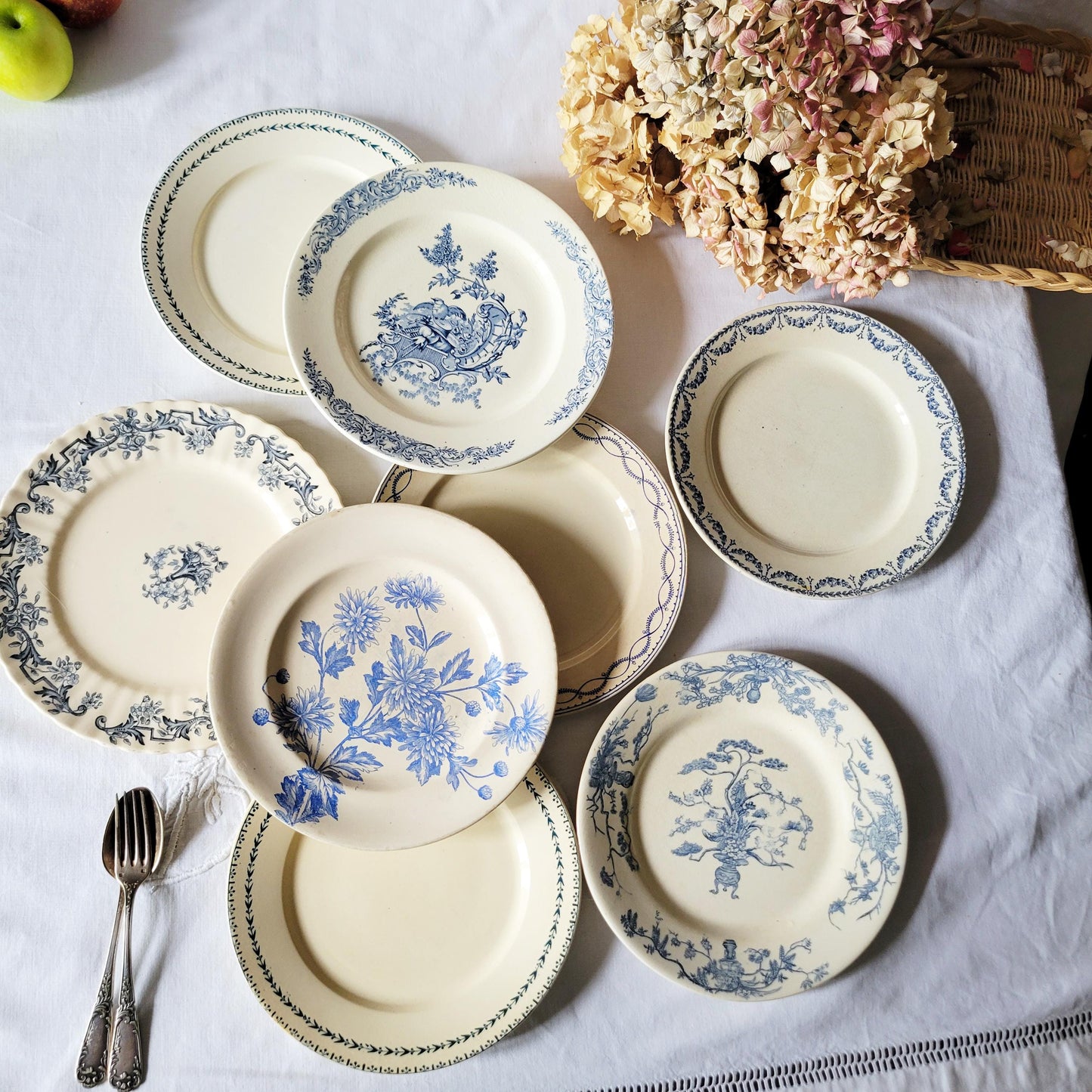 Antique French Ironstone Dinner Plates: Blue Transferware, Mismatched Set of 8