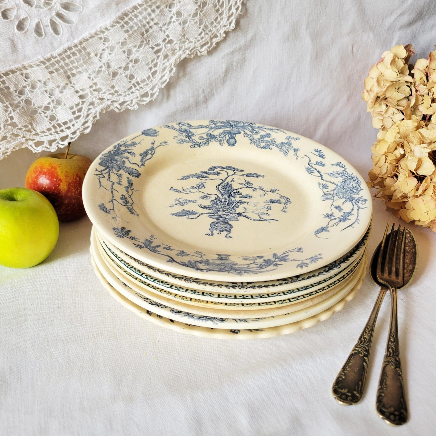 Antique French Ironstone Dinner Plates: Blue Transferware, Mismatched Set of 8