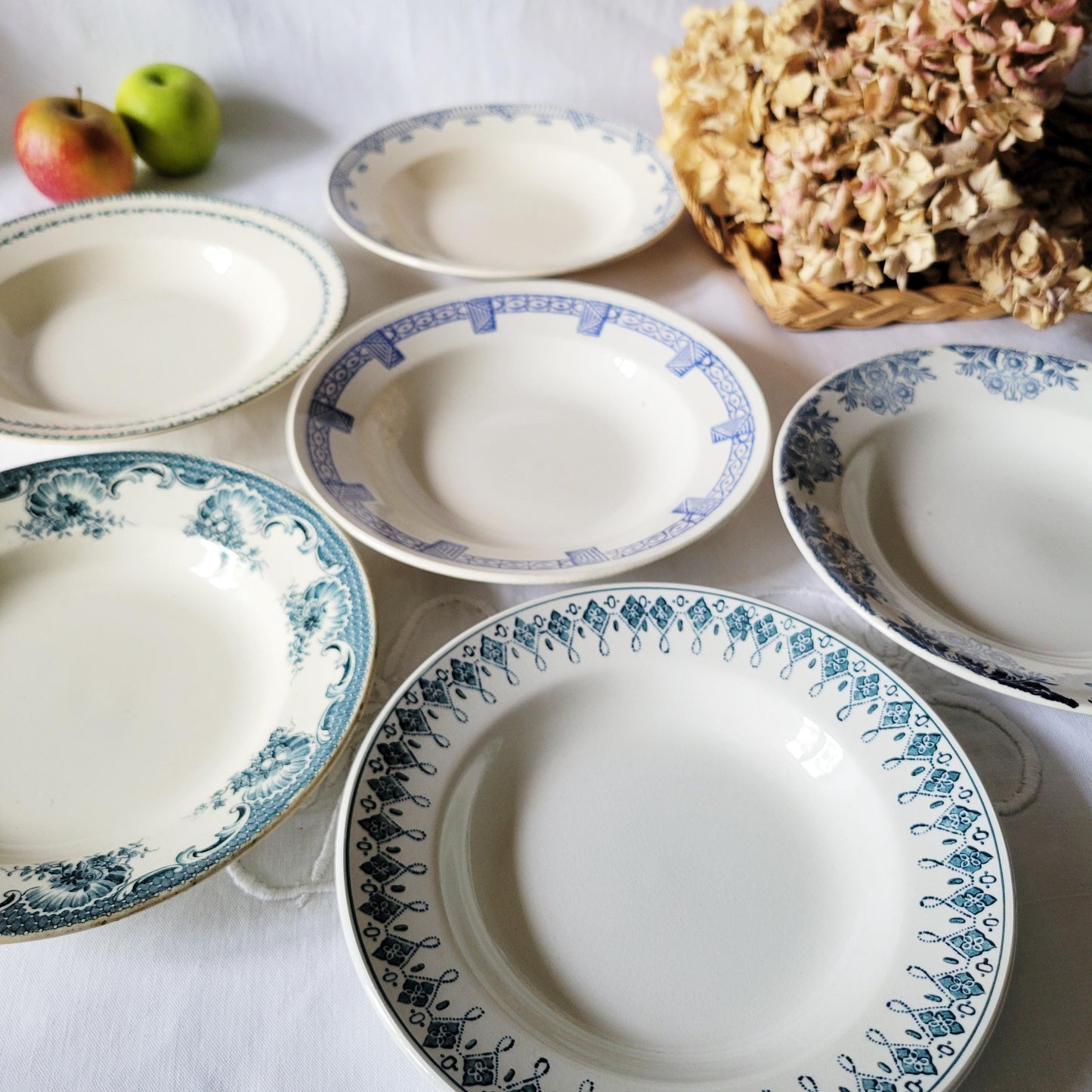 Antique French Soup Plates Set of 6: Mismatched Blue Floral Transferware