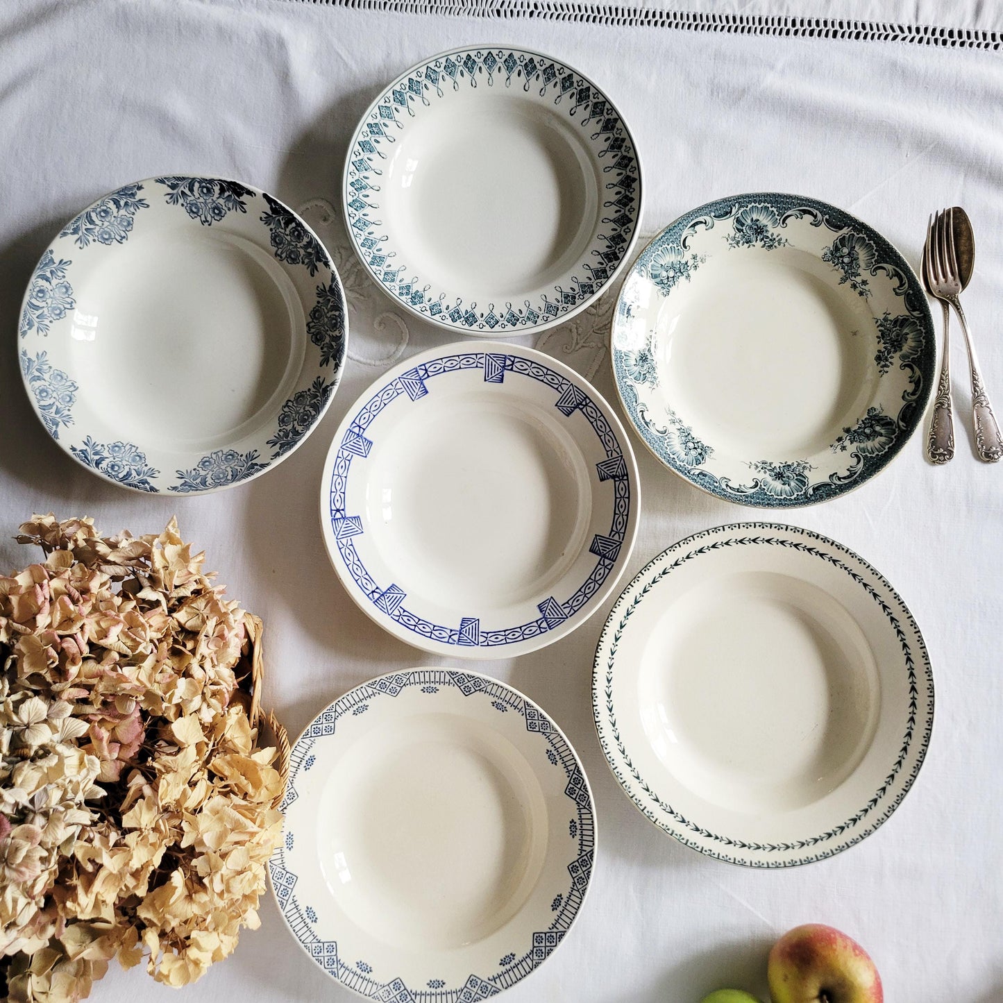 Antique French Soup Plates Set of 6: Mismatched Blue Floral Transferware