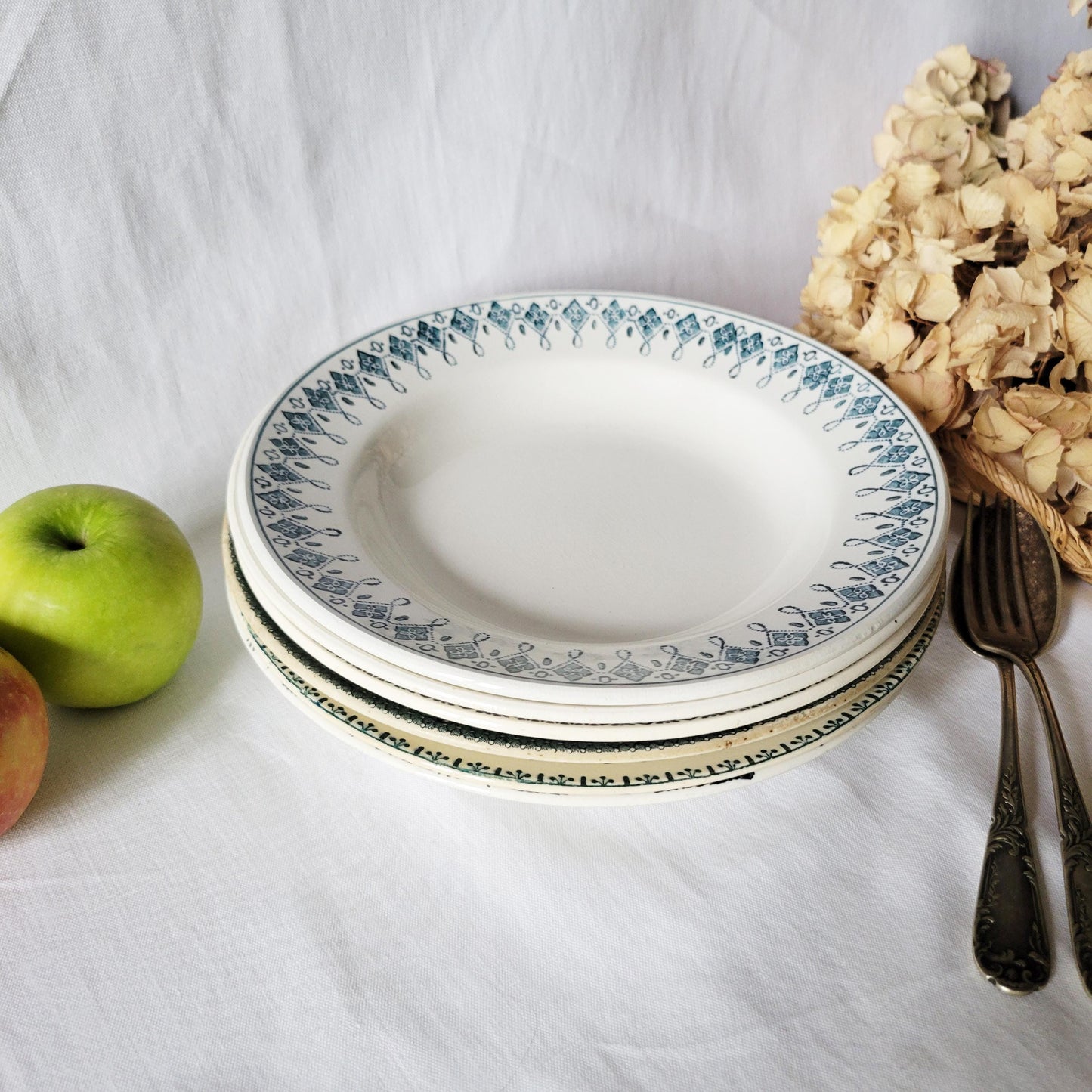 Antique French Soup Plates Set of 6: Mismatched Blue Floral Transferware