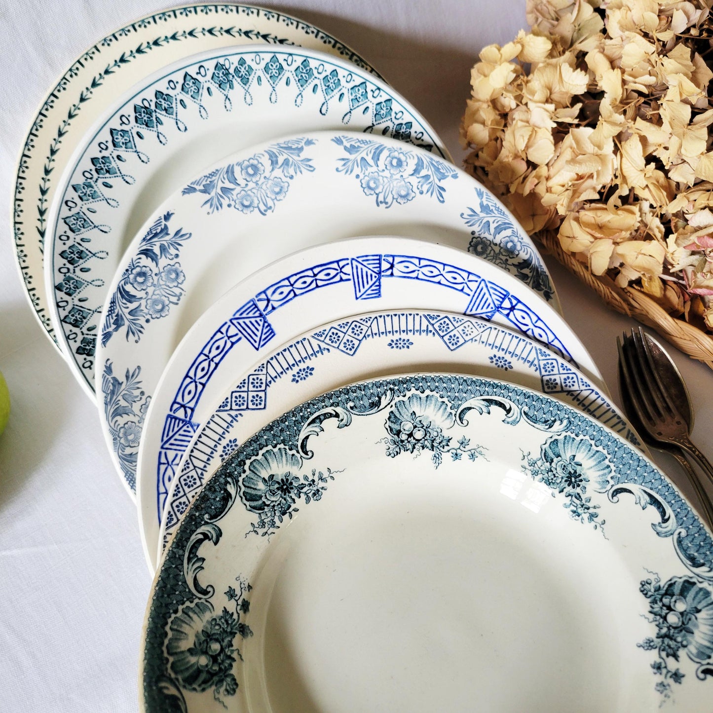 Antique French Soup Plates Set of 6: Mismatched Blue Floral Transferware