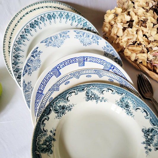 Antique French Soup Plates Set of 6: Mismatched Blue Floral Transferware