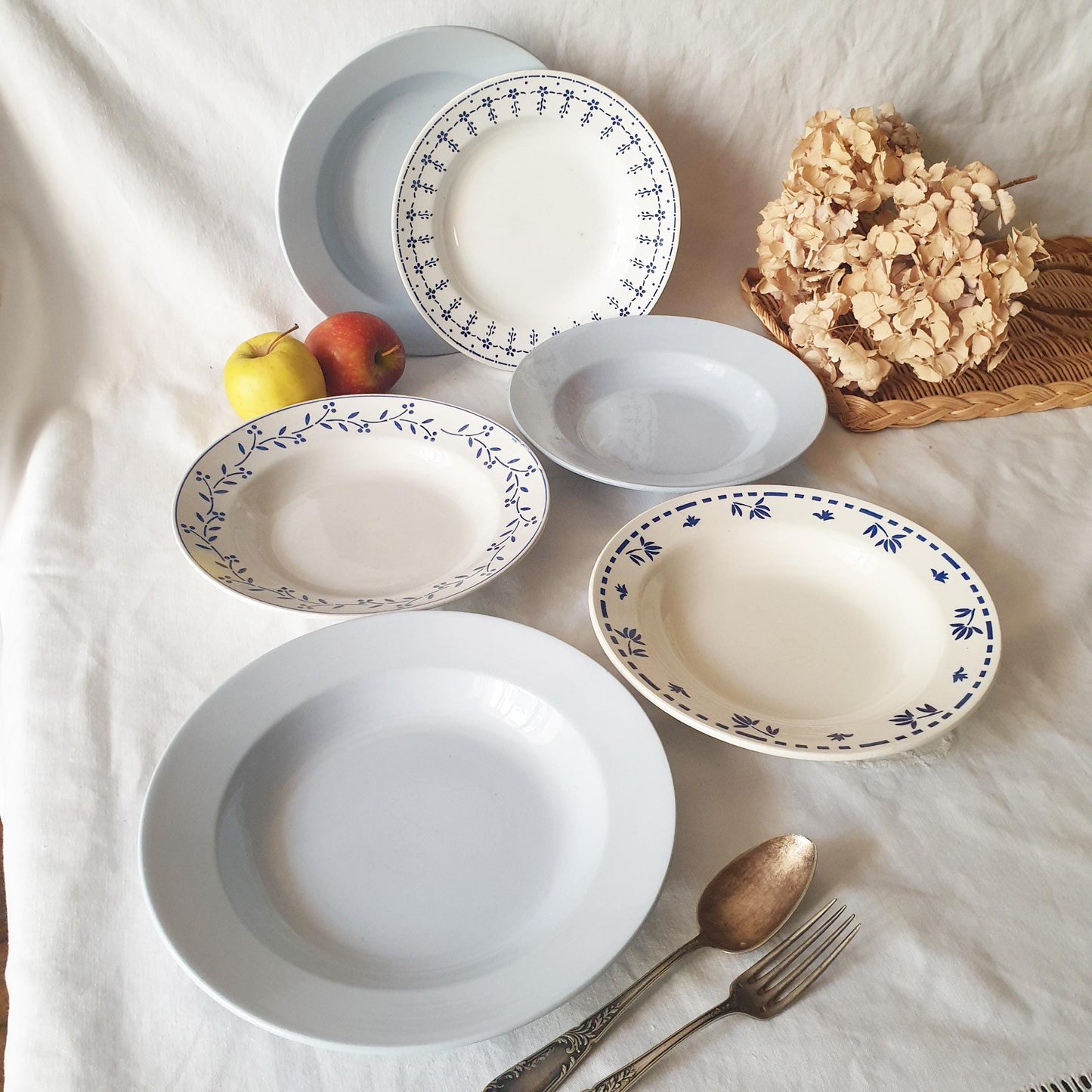 French Blue Transferware Soup Bowls, Mismatched Set of 6, Farmhouse Decor