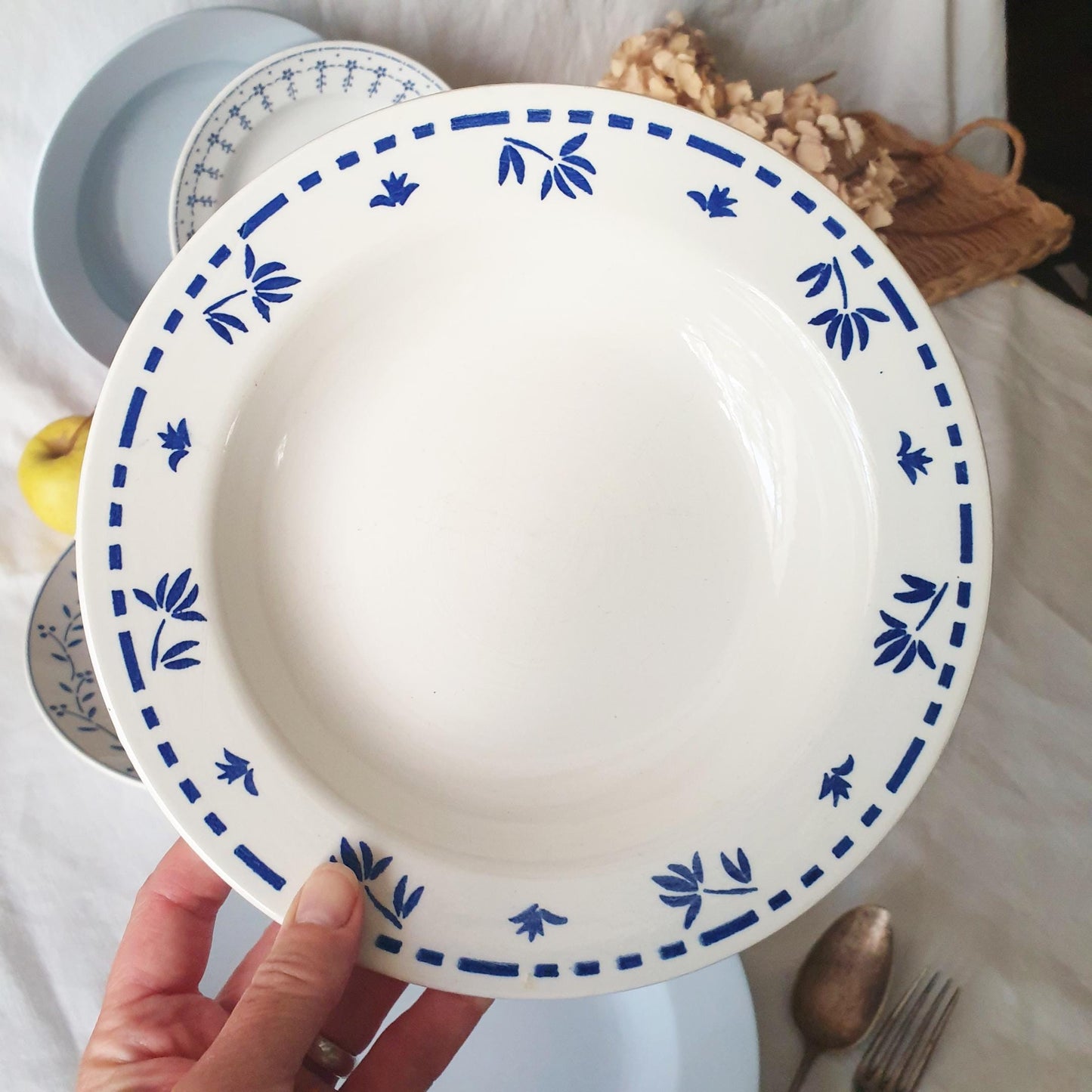 French Blue Transferware Soup Bowls, Mismatched Set of 6, Farmhouse Decor