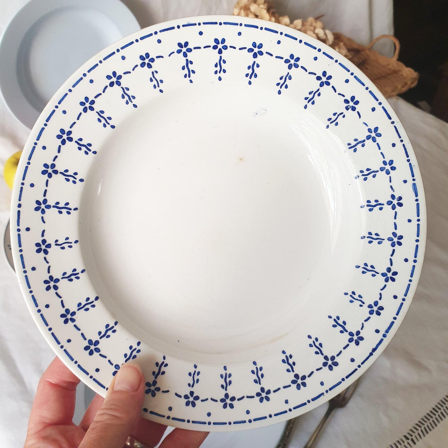 French Blue Transferware Soup Bowls, Mismatched Set of 6, Farmhouse Decor