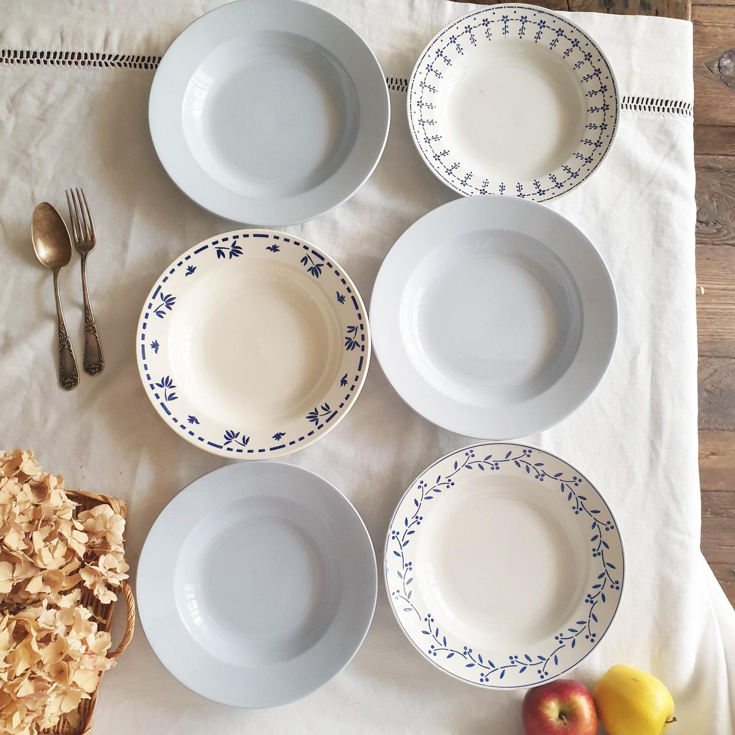 French Blue Transferware Soup Bowls, Mismatched Set of 6, Farmhouse Decor