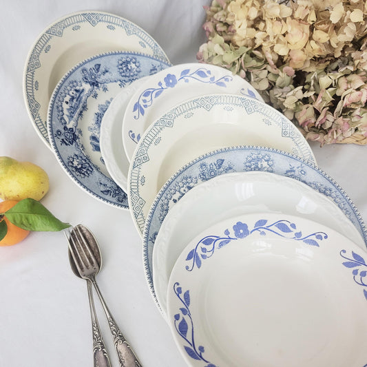 Antique French Mismatched Soup Plates (Set of 8): Blue & White Farmhouse Cottage Decor