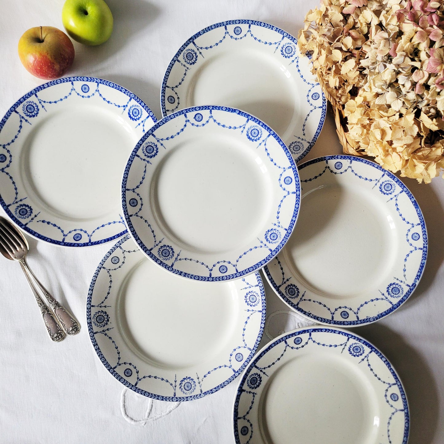 Antique French Dinner Plates Set: Blue Transferware Neoclassical 'Bonaparte' Design