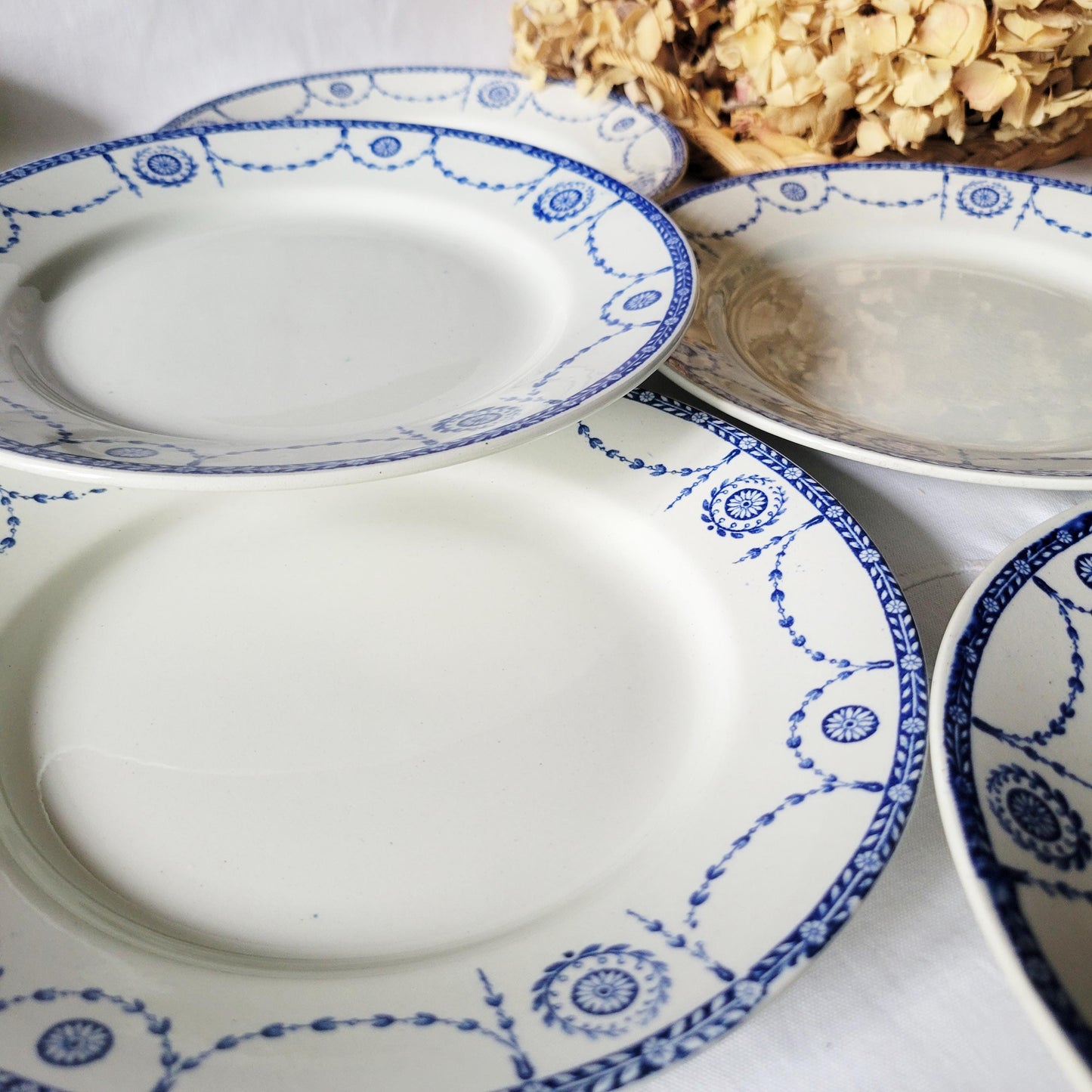Antique French Dinner Plates Set: Blue Transferware Neoclassical 'Bonaparte' Design