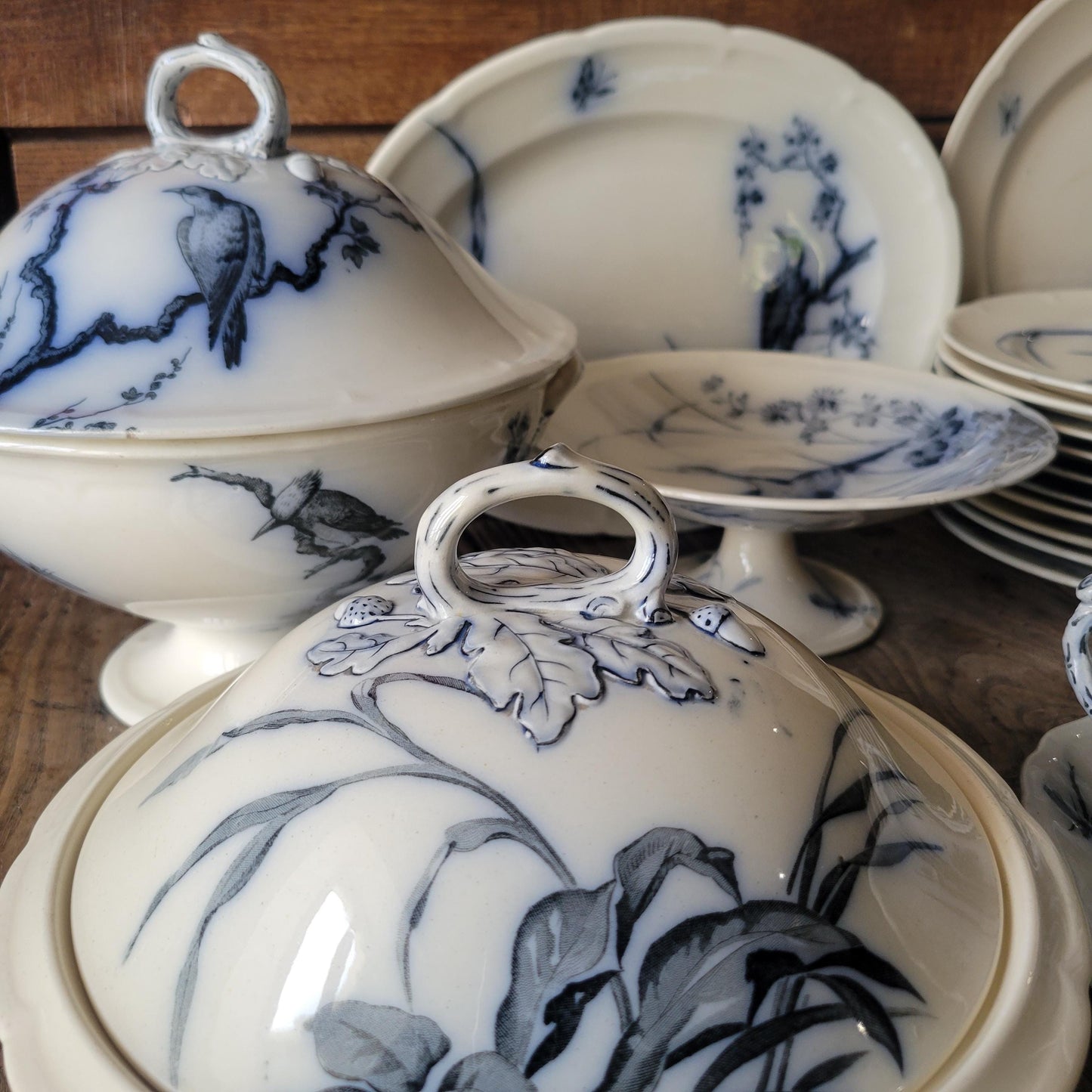 French antique 10 place ironstone dinner service, bird & floral transferware 'Japonais' c1880 Longwy, France