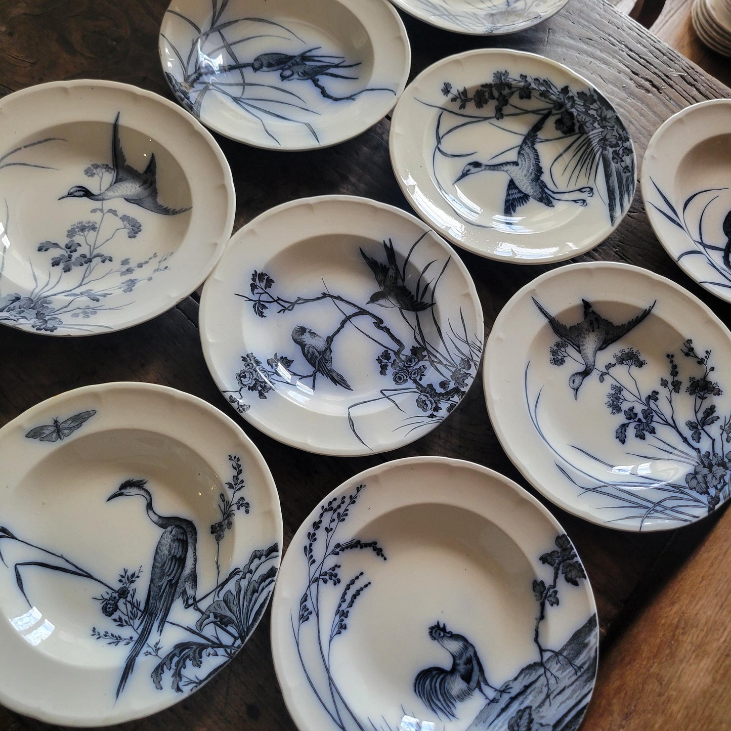 French antique 10 place ironstone dinner service, bird & floral transferware 'Japonais' c1880 Longwy, France