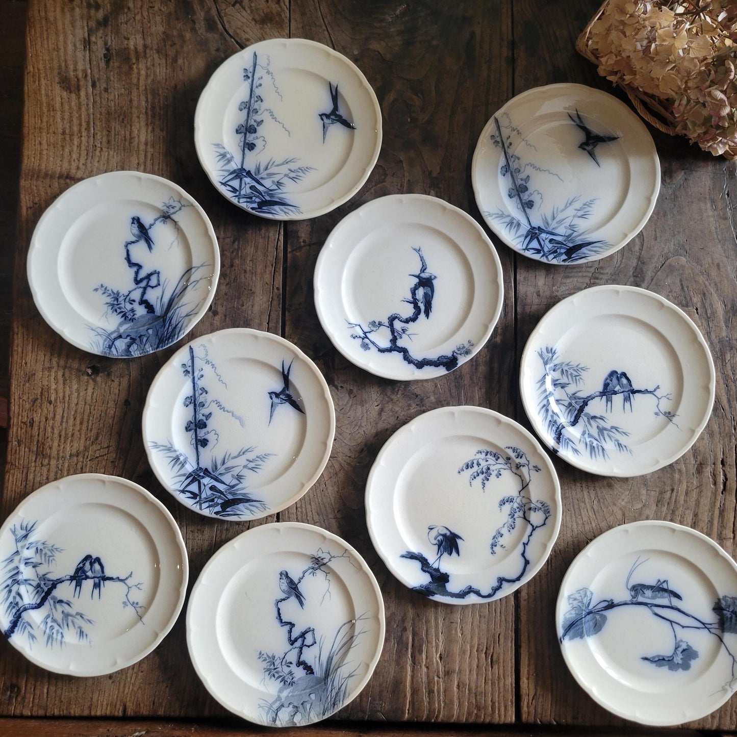 French antique 10 place ironstone dinner service, bird & floral transferware 'Japonais' c1880 Longwy, France