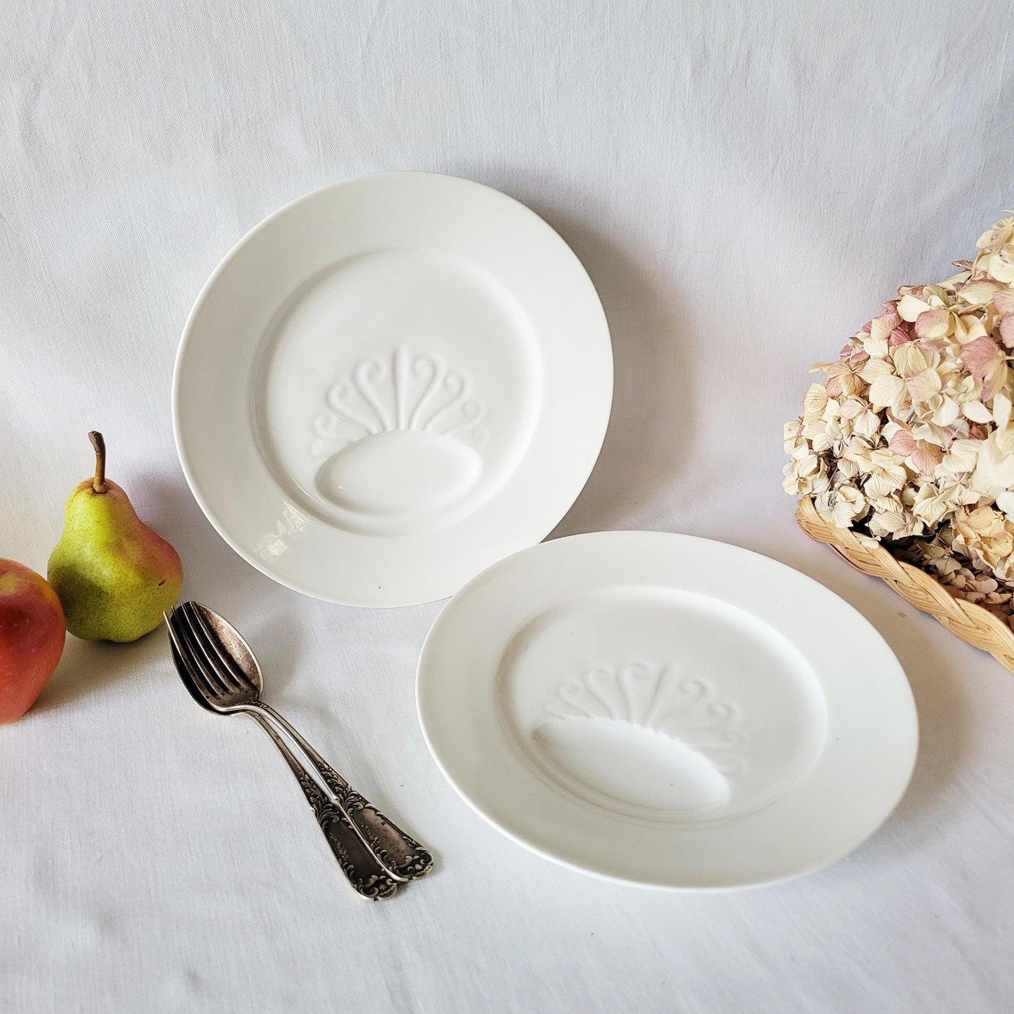 Antique French Asparagus Plates, Ivoire Pattern, Cream Earthenware, c1920 (Pair)