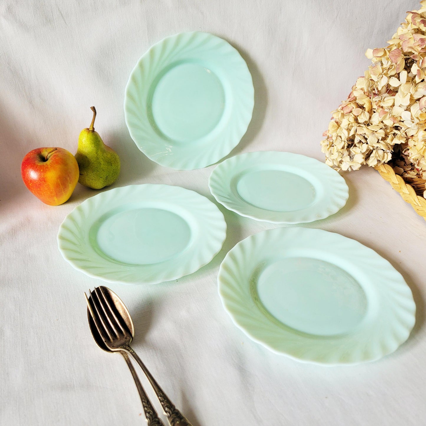 Set of 4 French Vintage Jadeite Side Plates: Mint Green Twisted Milk Glass Arcopal