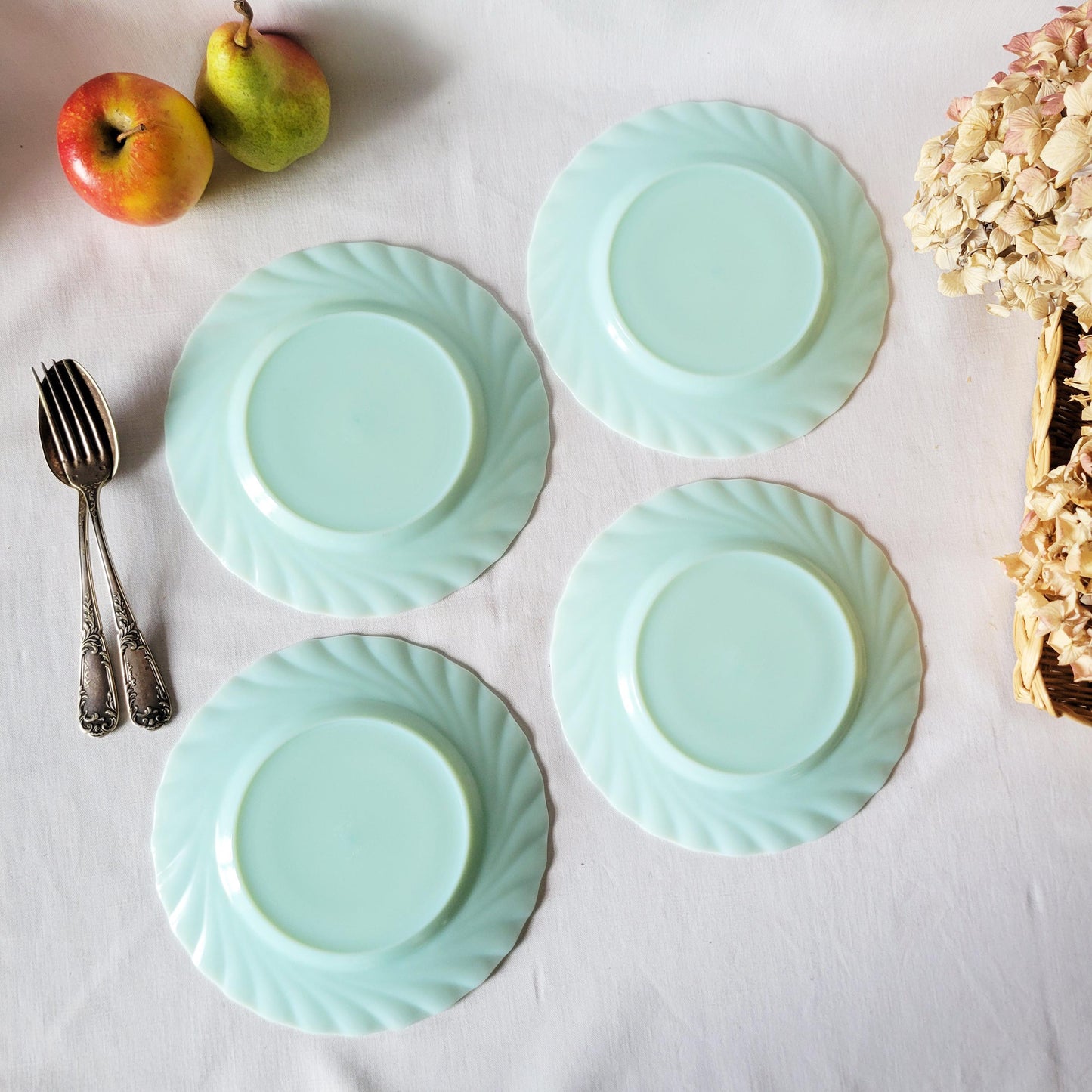Set of 4 French Vintage Jadeite Side Plates: Mint Green Twisted Milk Glass Arcopal