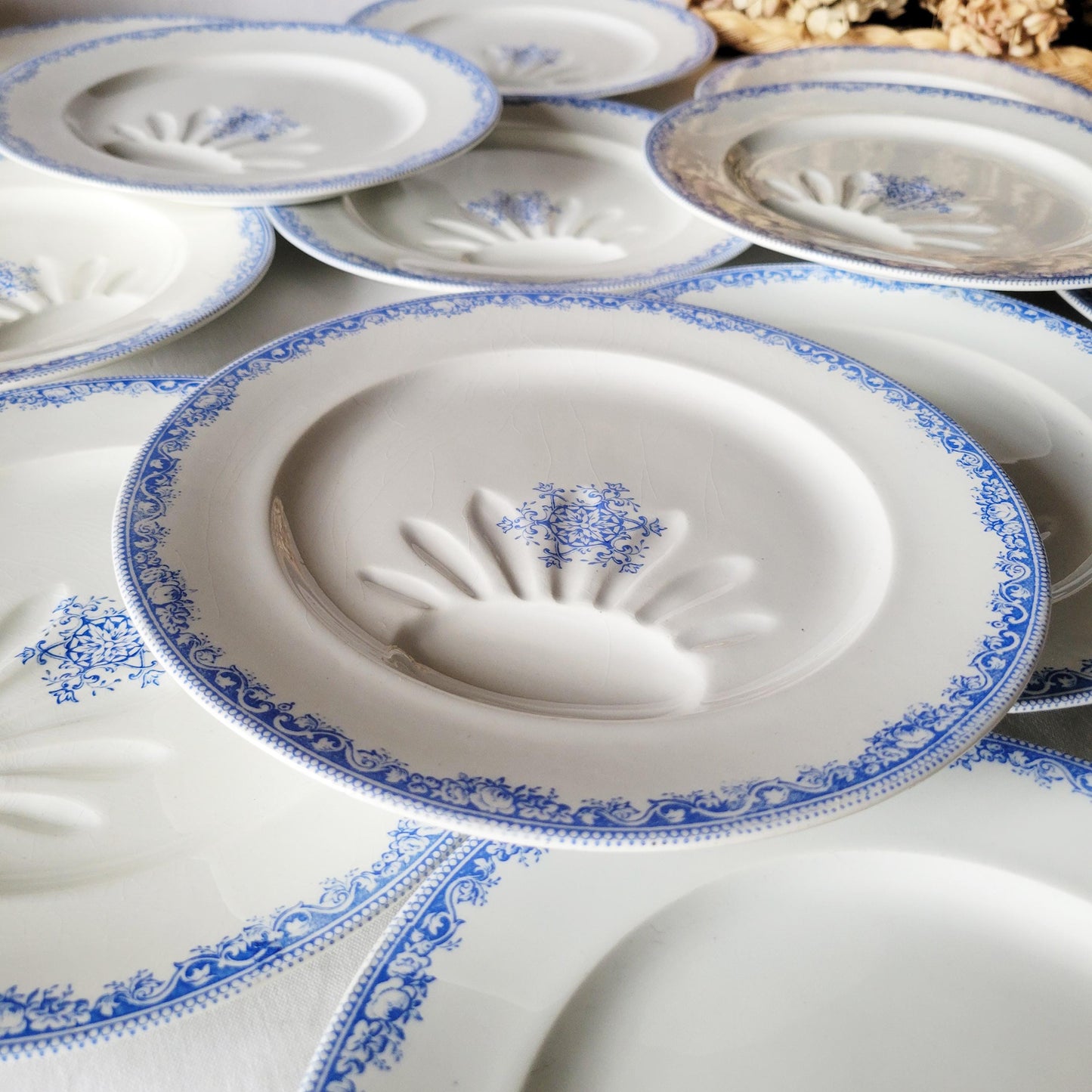 Antique French Ironstone Asparagus Plates: Jules Veillard Blue Transferware, Set of 12