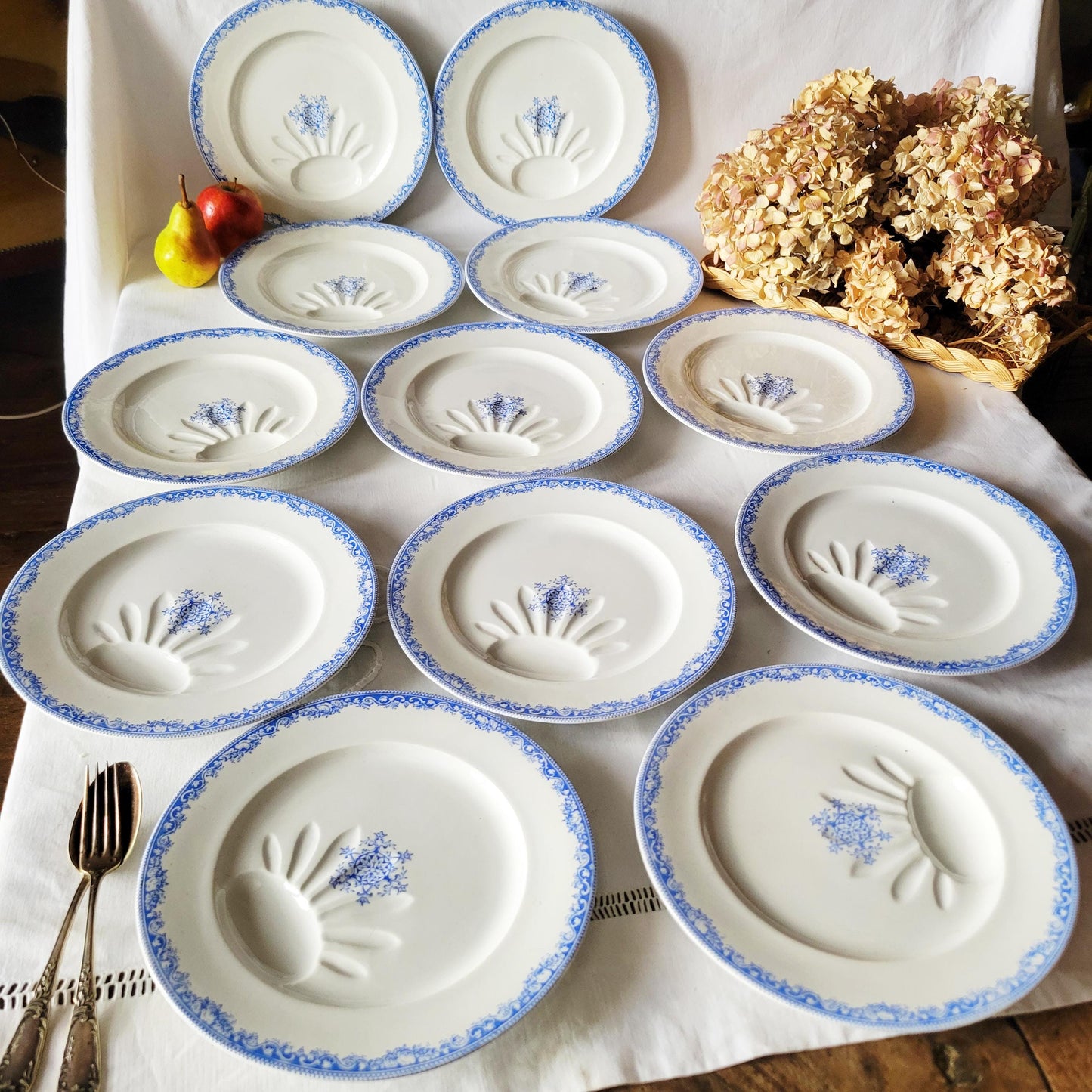 Antique French Ironstone Asparagus Plates: Jules Veillard Blue Transferware, Set of 12