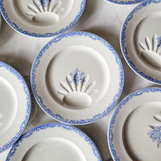 Antique French Ironstone Asparagus Plates: Jules Veillard Blue Transferware, Set of 12