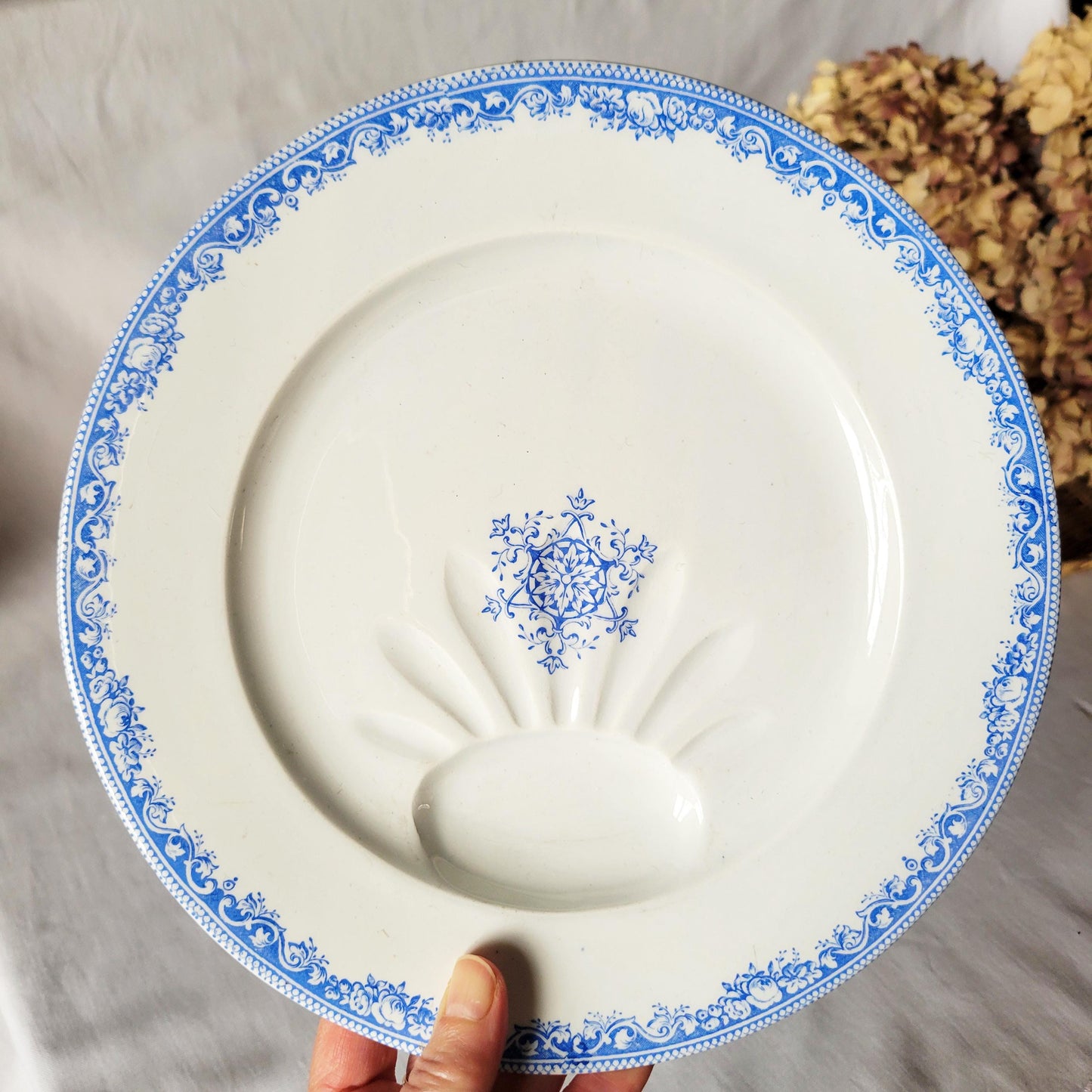 Antique French Ironstone Asparagus Plates: Jules Veillard Blue Transferware, Set of 12