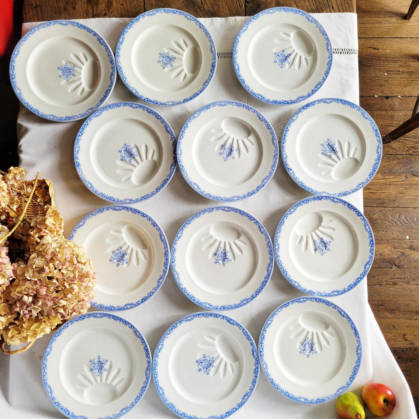 Antique French Ironstone Asparagus Plates: Jules Veillard Blue Transferware, Set of 12