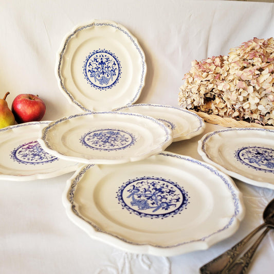 Vintage Gien France Dinner Plates: Set of 6 Blue Floral Transferware