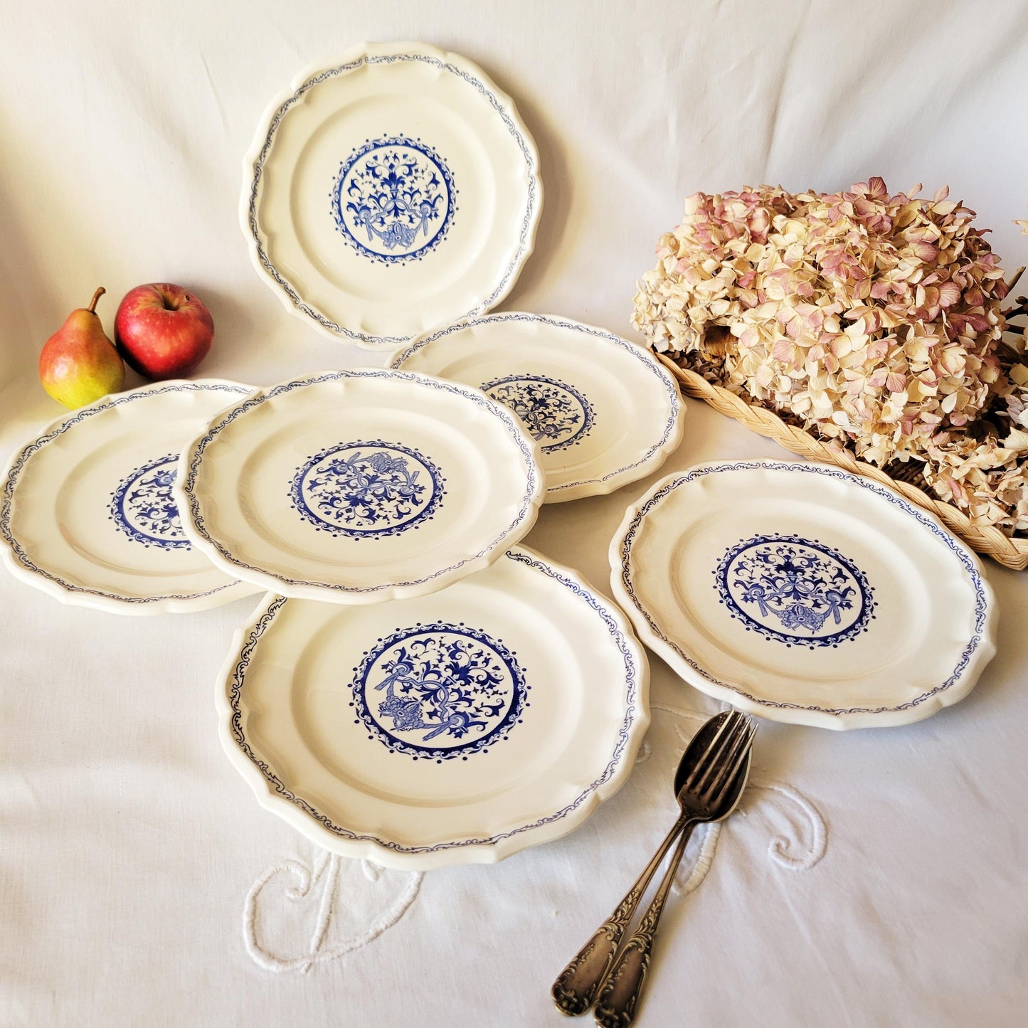 Vintage Gien France Dinner Plates: Set of 6 Blue Floral Transferware