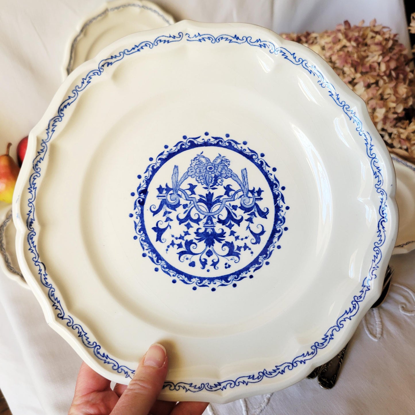 Vintage Gien France Dinner Plates: Set of 6 Blue Floral Transferware
