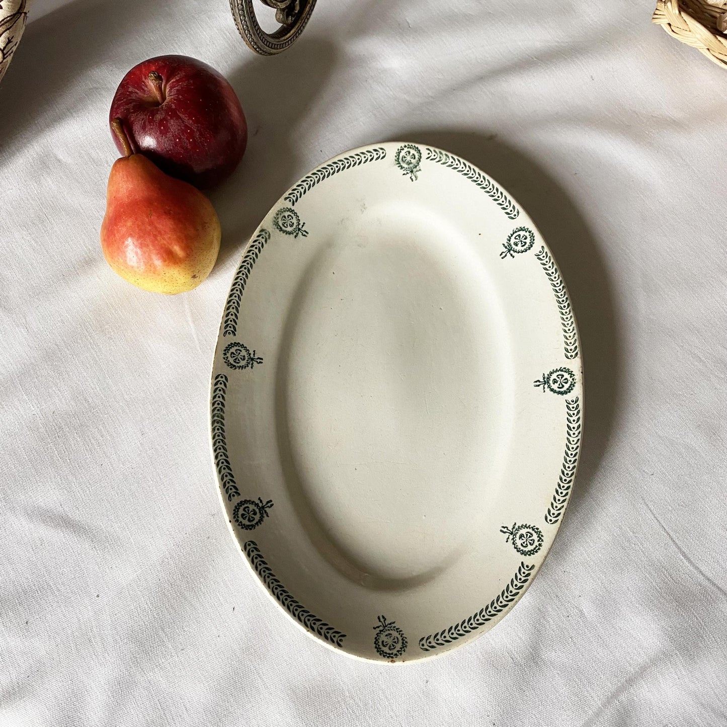 Antique Green Transferware Oval Platter Stack: Set of 4 platters, French Farmhouse Decor