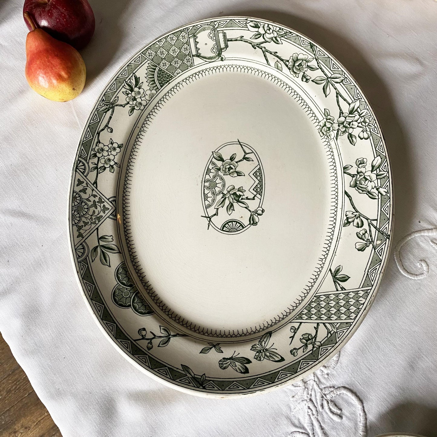 Antique Green Transferware Oval Platter Stack: Set of 4 platters, French Farmhouse Decor