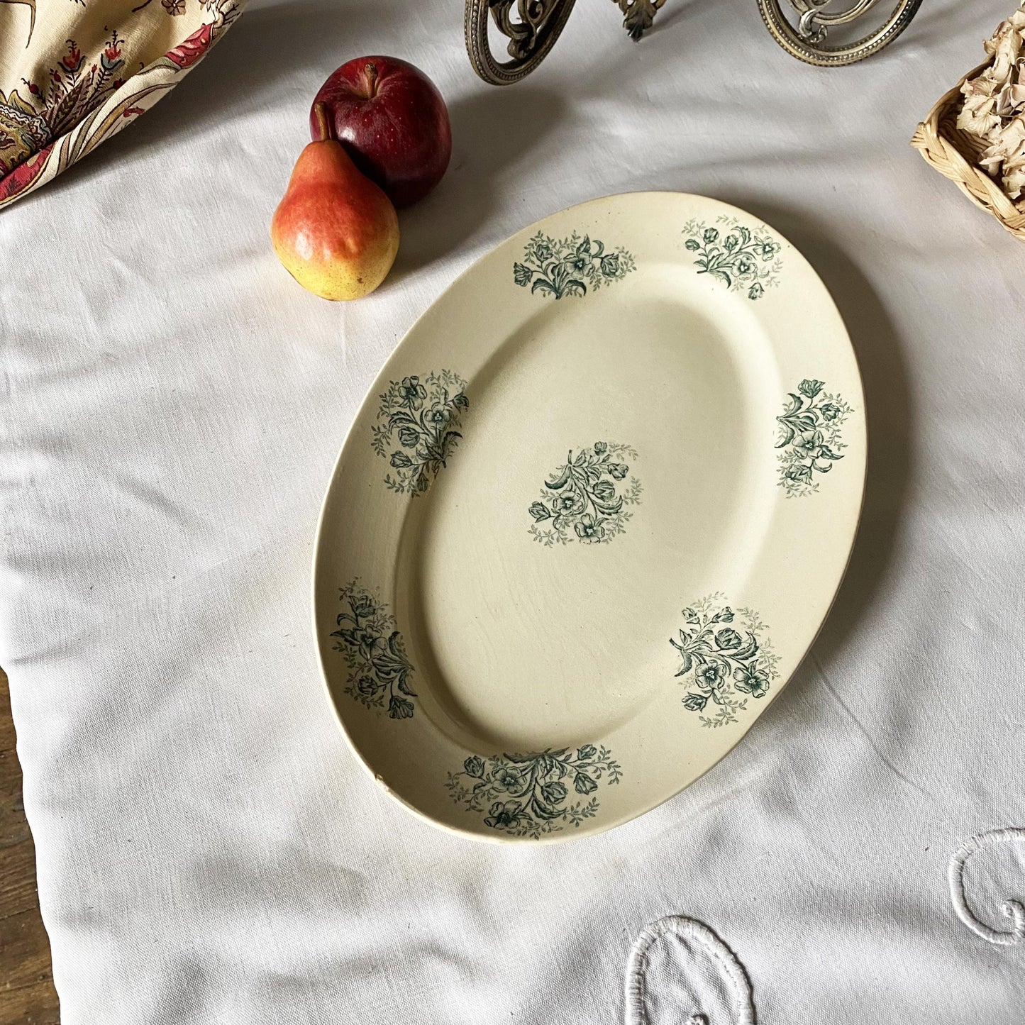 Antique Green Transferware Oval Platter Stack: Set of 4 platters, French Farmhouse Decor