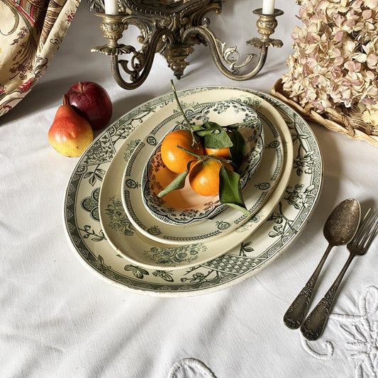 Antique Green Transferware Oval Platter Stack: Set of 4 platters, French Farmhouse Decor
